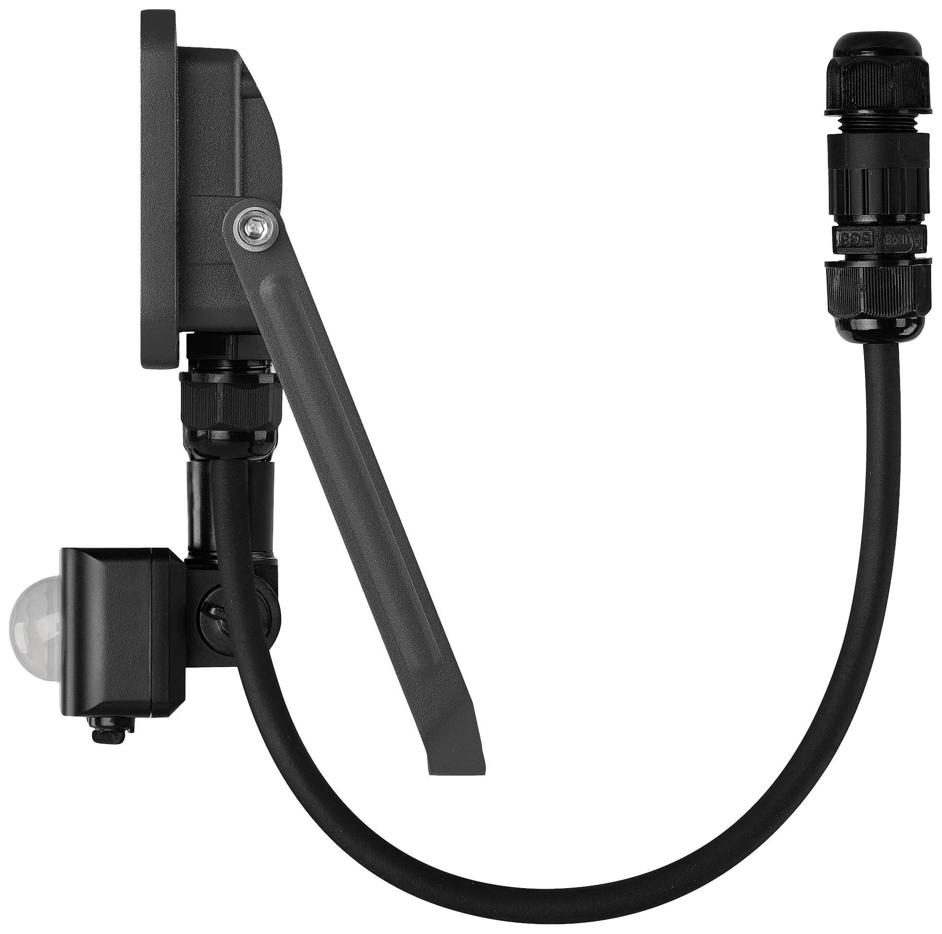 Ein schwarzer, kabelgebundener Sensor mit Gelenkarm, geeignet zur Wandmontage. Links unten ist ein runder Bewegungssensor angebracht.