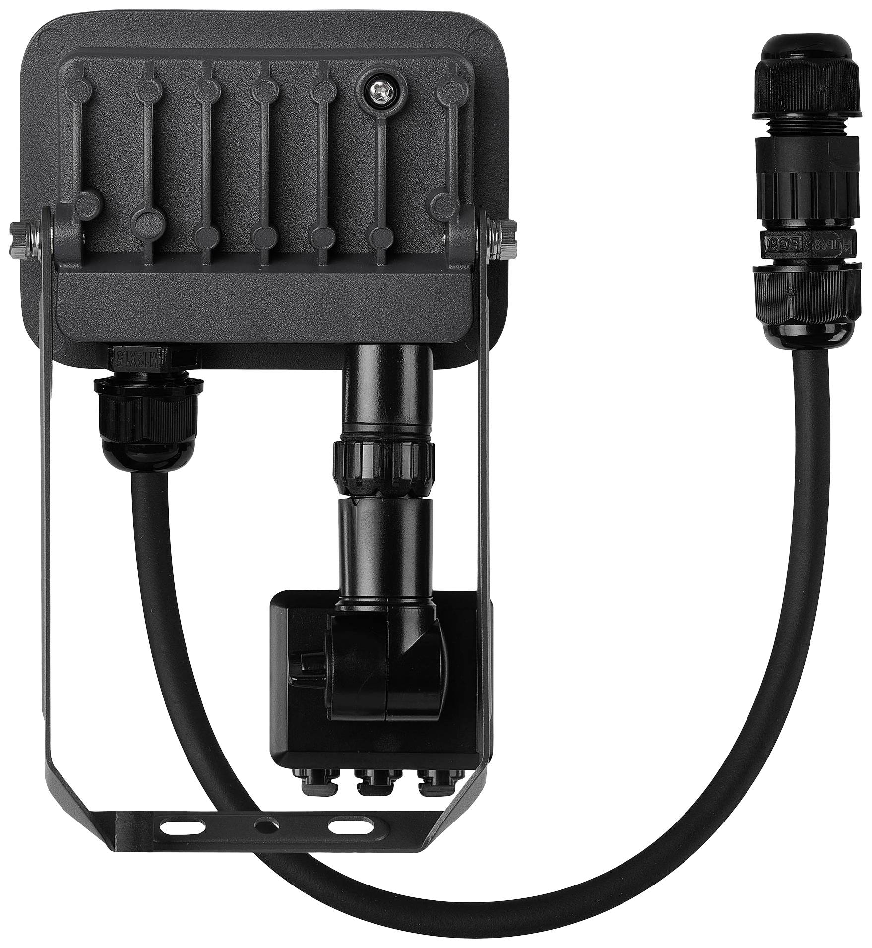 Ein schwarzer, rechteckiger Anschlusskasten mit Kabeln und Steckverbindungen, geeignet für elektrische Installationen im Außenbereich.