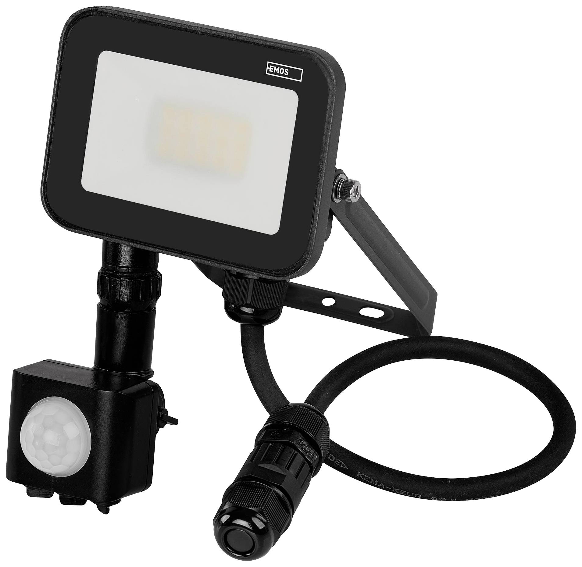 Schwarzer, rechteckiger LED-Strahler mit Bewegungsmelder, geeignet für Außenbeleuchtung.