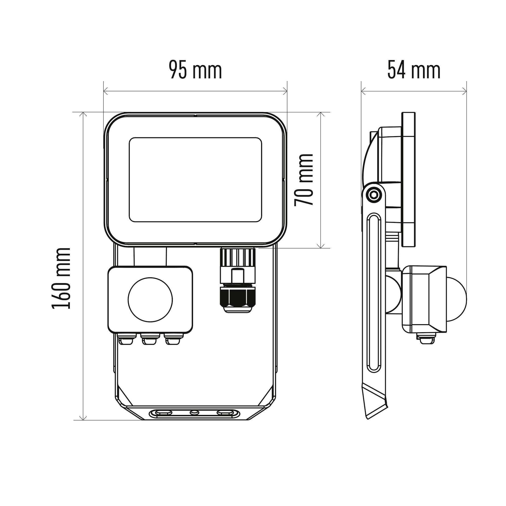 Zeichnung eines rechteckigen Messgeräts mit Maßen: Breite 95 mm, Höhe 160 mm und Tiefe 54 mm. Enthält diverse Anschlüsse.