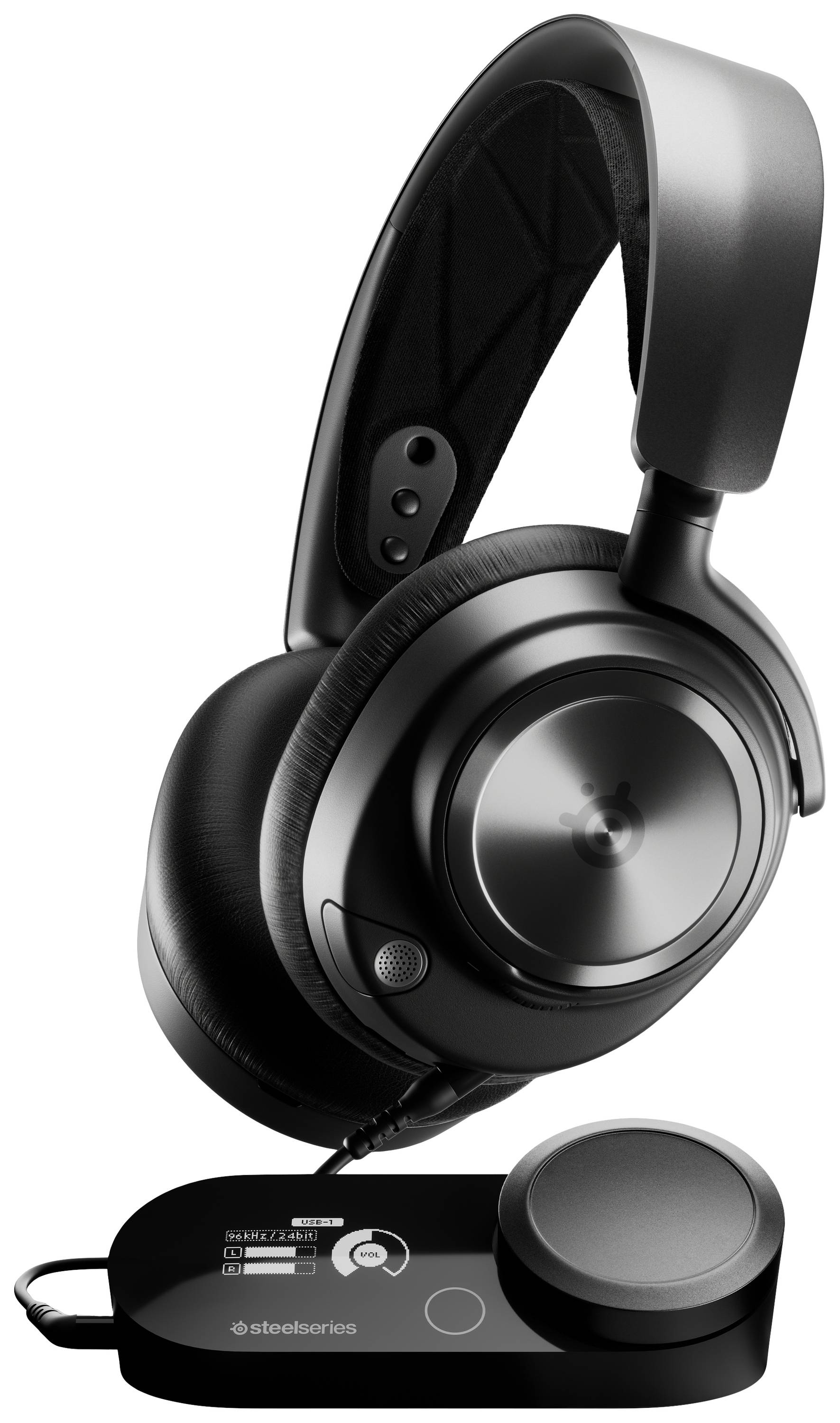 Schwarzer Over-Ear-Kopfhörer mit Mikrofon, verbunden mit einem kleinen schwarzen Steuerelement. Ideal für Spiele oder Musik.