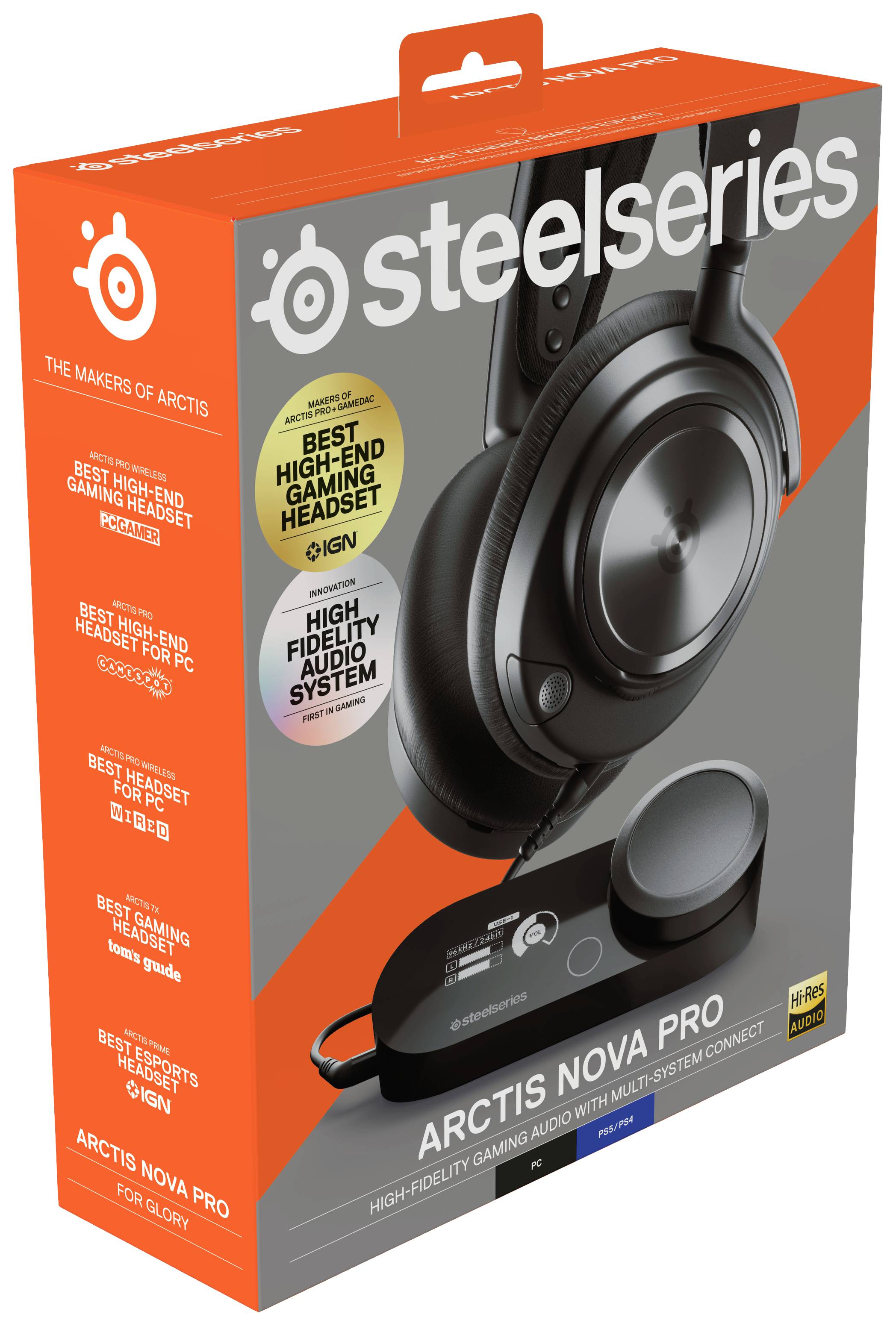 Verpackung der SteelSeries Arctis Nova Pro, ein hochwertiges Gaming-Headset mit Hi-Fi-Audiosystem, ausgezeichnet für besten Klang.