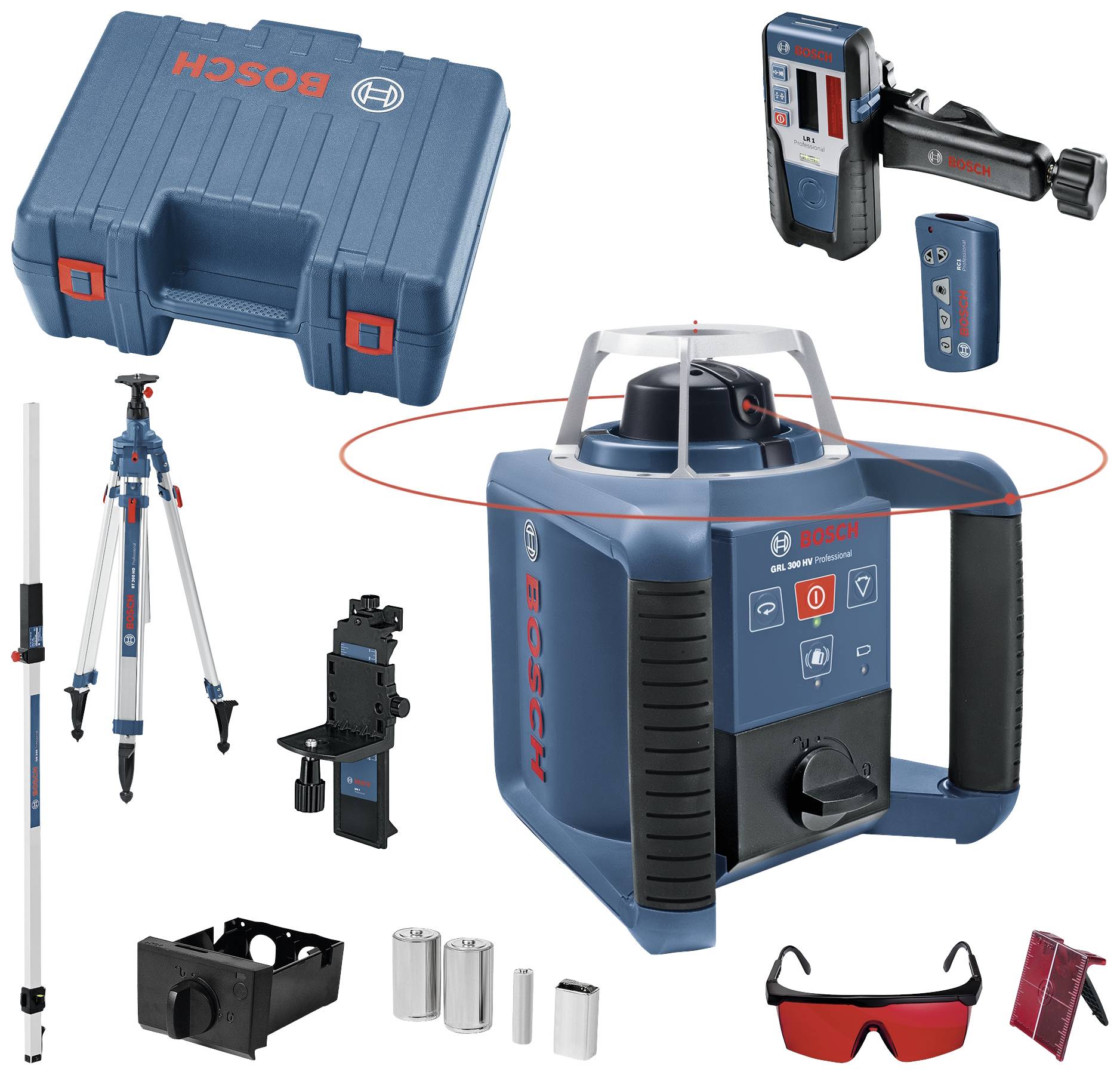 Bosch Rotationslaser-Set mit Laser, Stativ, Empfänger, Fernbedienung, Zieltafel, Akkus und Schutzbrille. Ideal für präzise Vermessungsarbeiten.