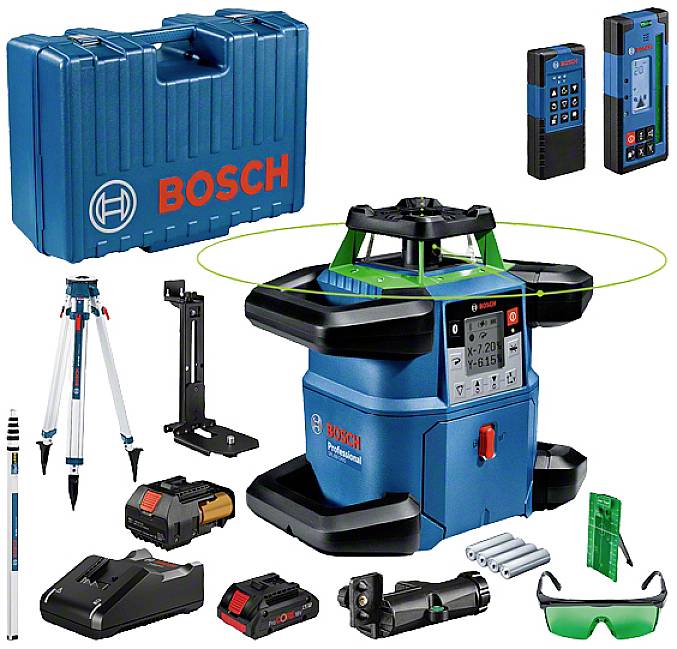 Bosch Rotationslaser-Set mit Stativ, Empfänger, Ladegerät, Akkus, Laserzieltafel und Transportkoffer für präzise Bauvermessung.