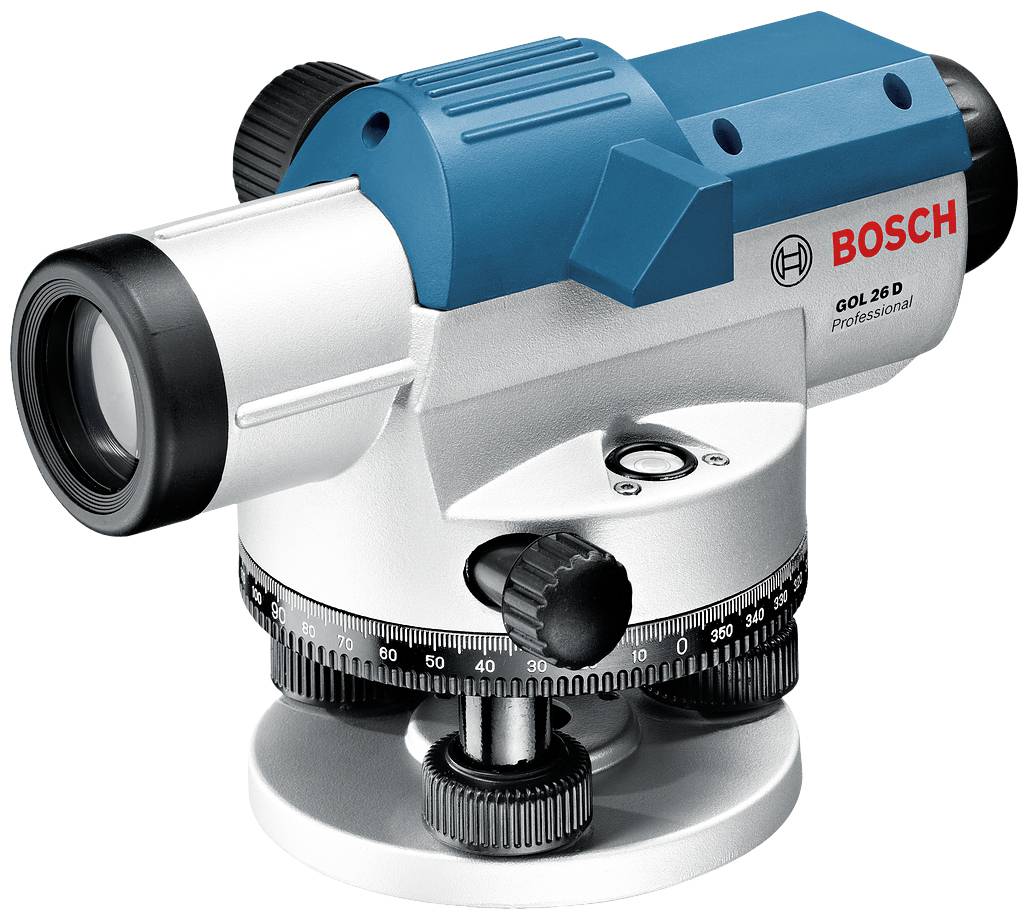 Nivelliergerät Bosch GOL 26 D Professional in silber und blau mit Messskala und Fokussierrad, geeignet für präzise Vermessungsarbeiten.