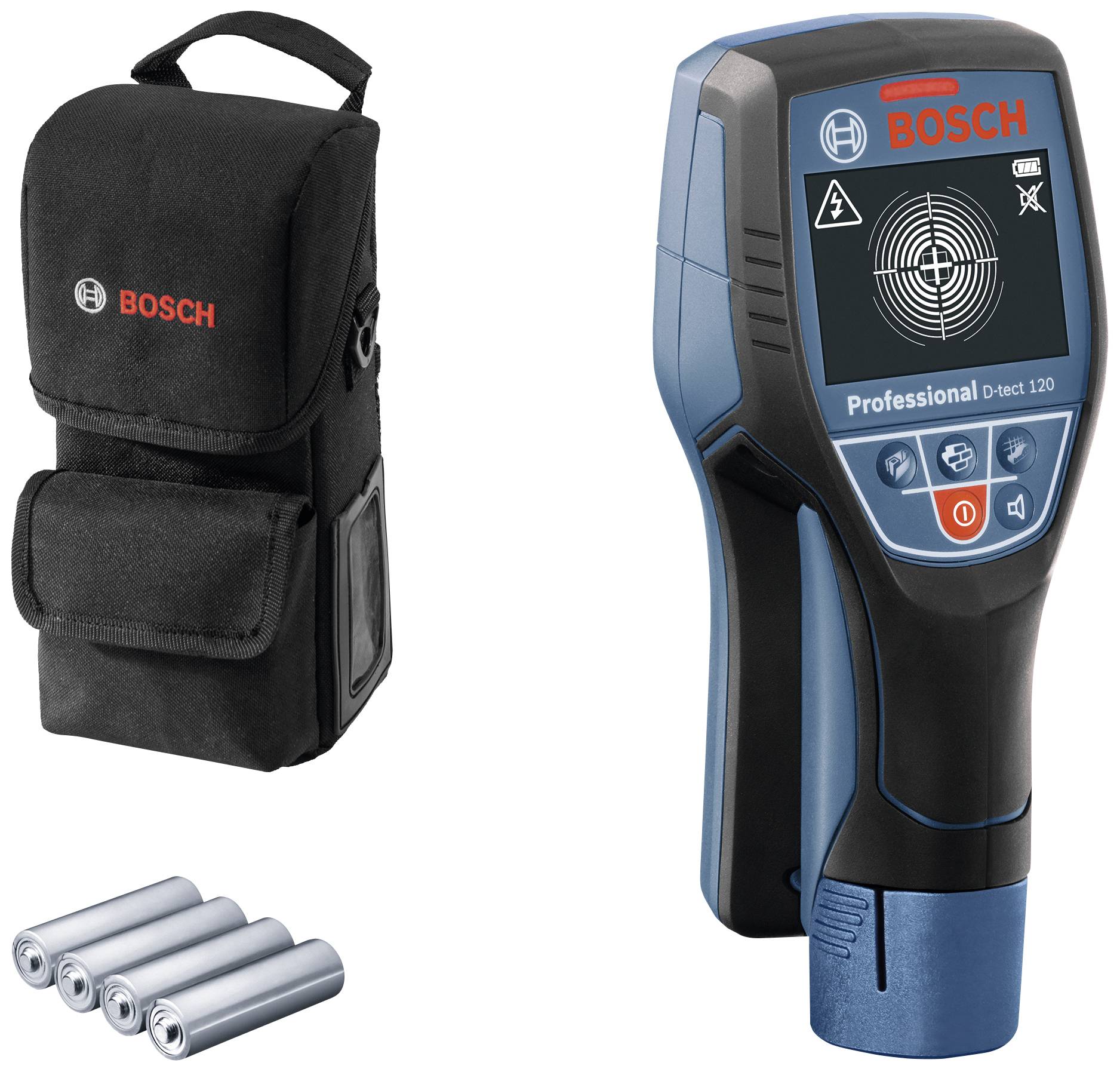 Abbildung eines Bosch D-tect 120 Ortungsgeräts mit Batterien und Tragetasche, geeignet zur Erkennung von Metall, Stromleitungen und Holz.