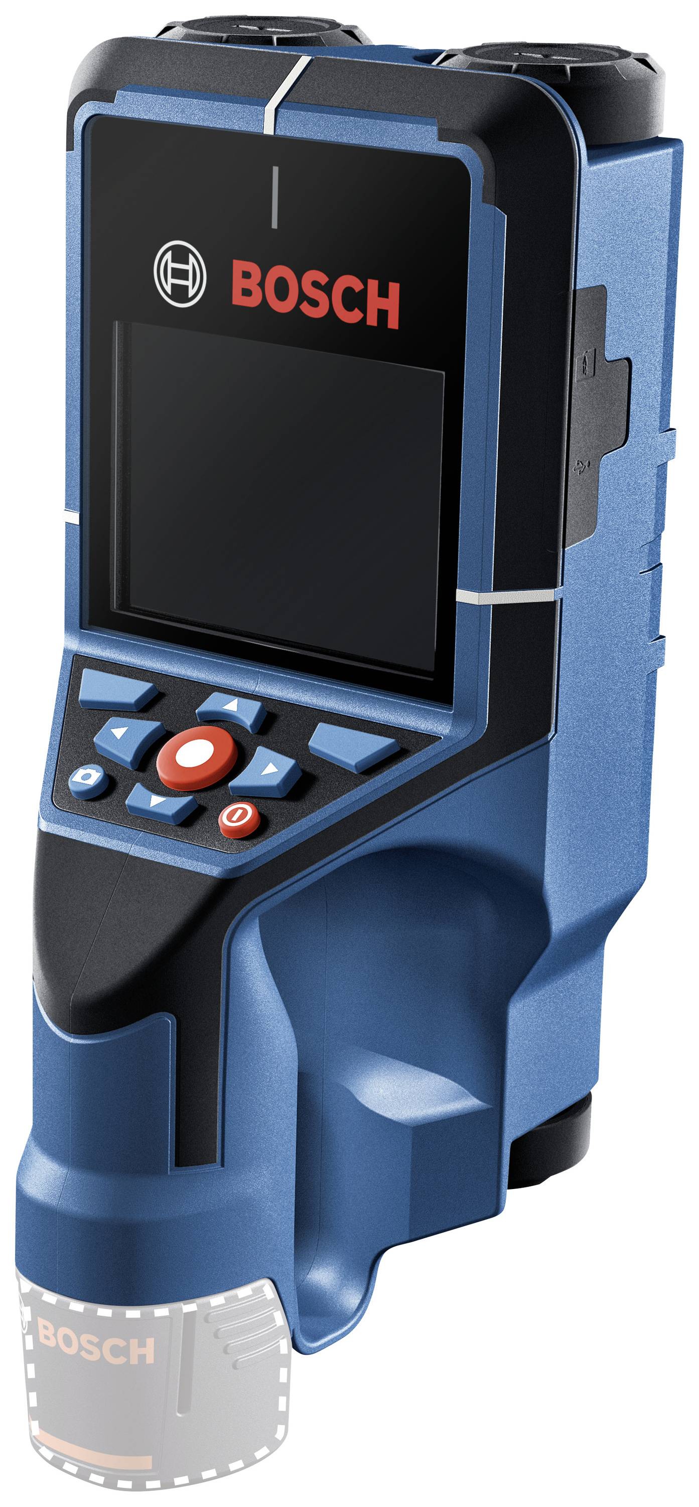 Bosch Laser-Entfernungsmesser in Blau mit Bildschirm und Bedienelementen. Gerät zur präzisen Messung von Distanzen in Bau und Handwerk.