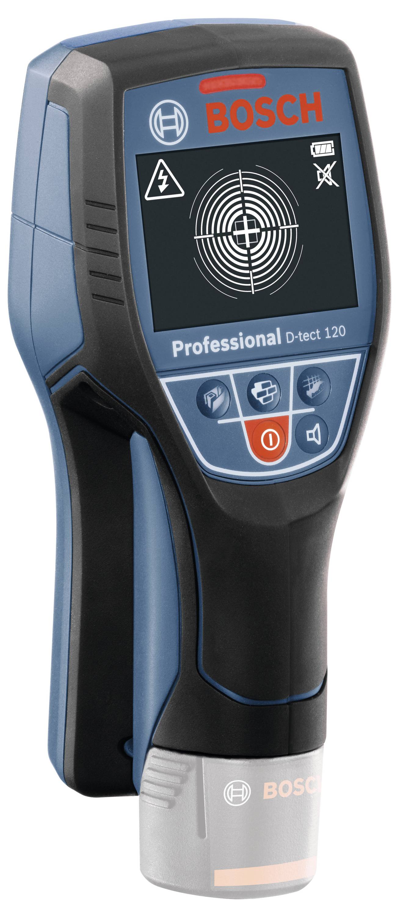 Bild eines Bosch Professional D-tect 120 Ortungsgeräts, blau-schwarzes Design, Display zeigt Ortungskreuz, dient zur Erkennung von Objekten in Wänden.