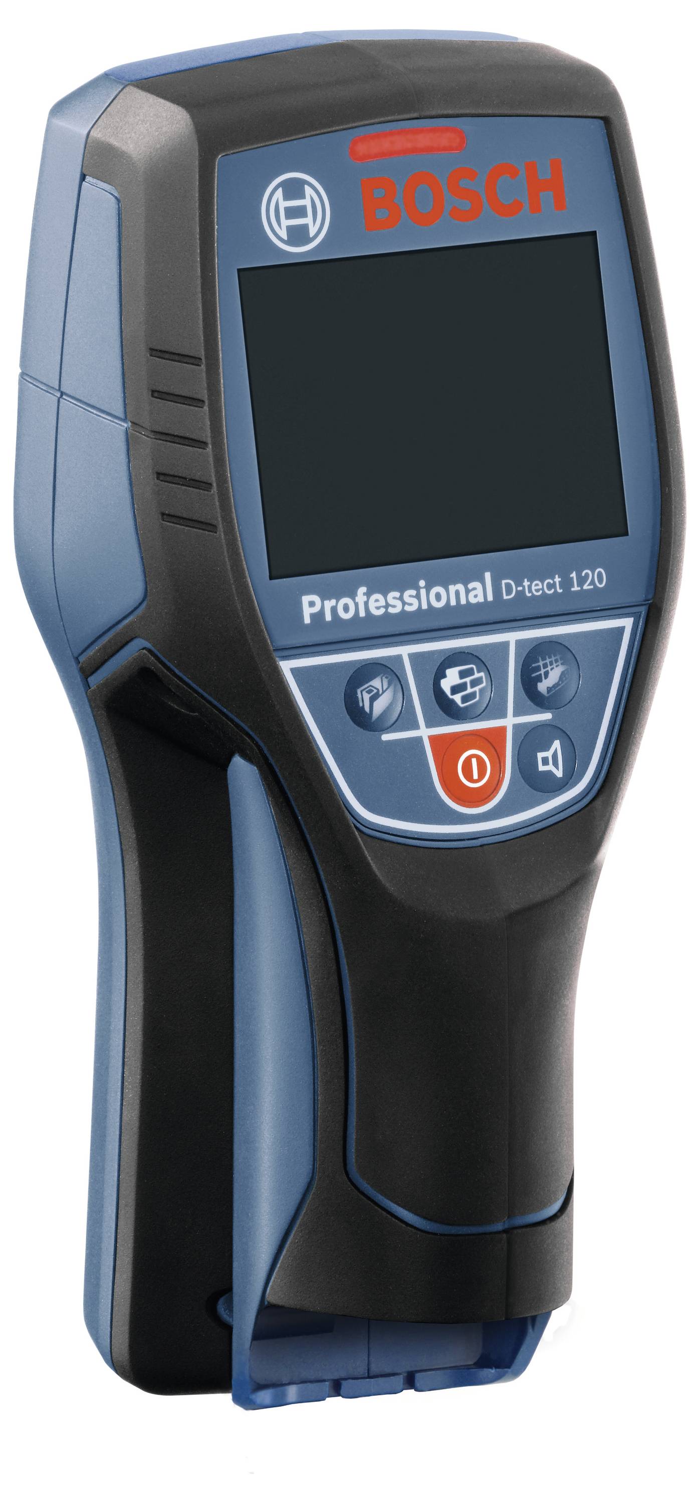 Bosch Professional D-tect 120 in blau-schwarz. Ein Handgerät zum Aufspüren von Metall, Holz und Leitungen, mit Bildschirm und Bedientasten.