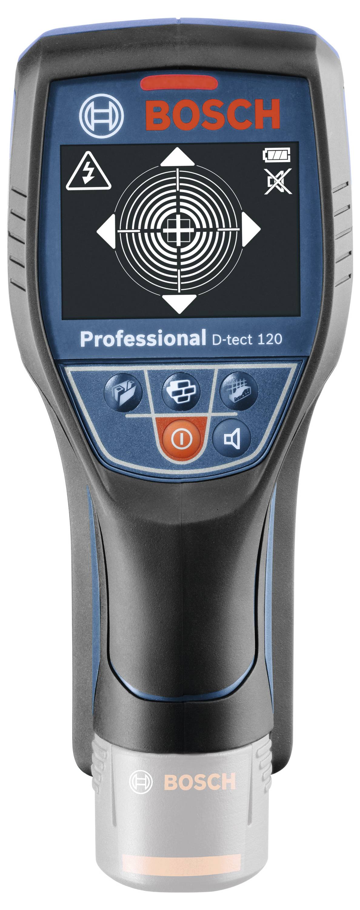 Digitales Ortungsgerät mit Bildschirm und Markenlogo, zeigt ein Zielsymbol an. Verwendet für das Auffinden von Objekten in Wänden.