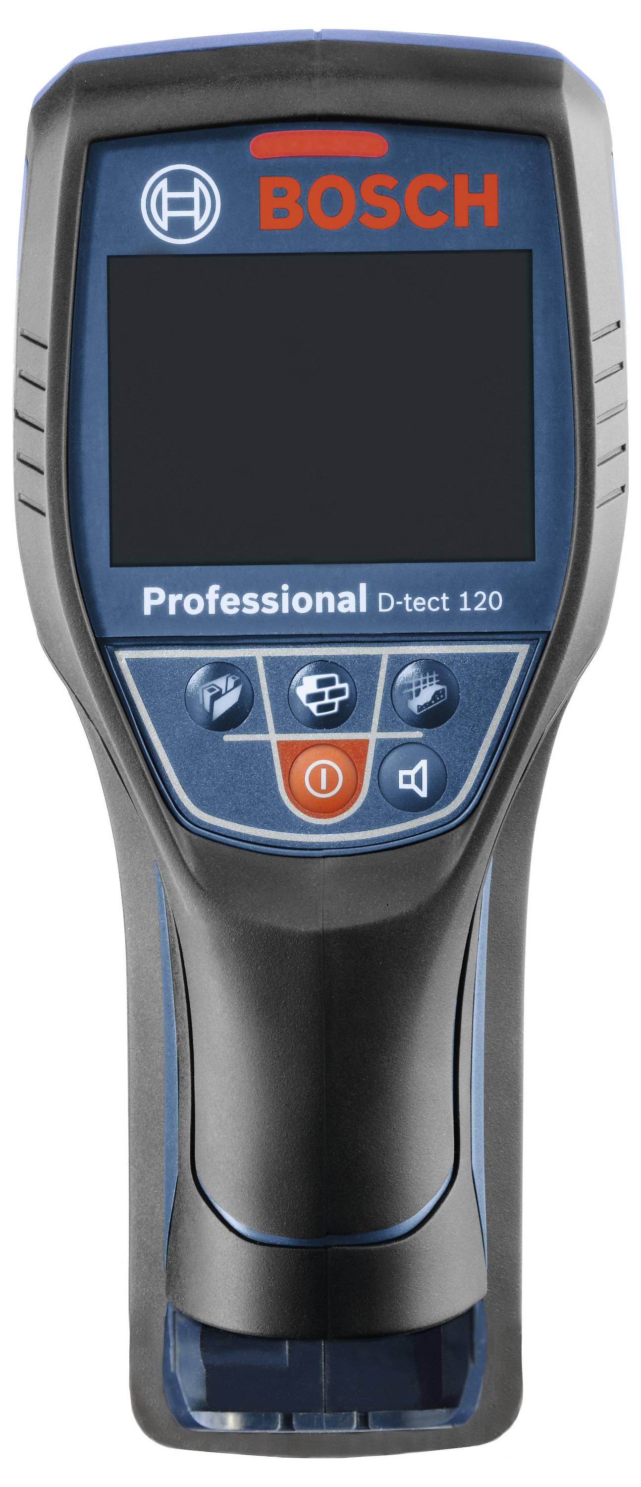 Ein handliches, blaues Bosch D-tect 120 Gerät zur Wand- und Materialprüfung, mit Display und Bedienelementen zur effizienten Ortung.