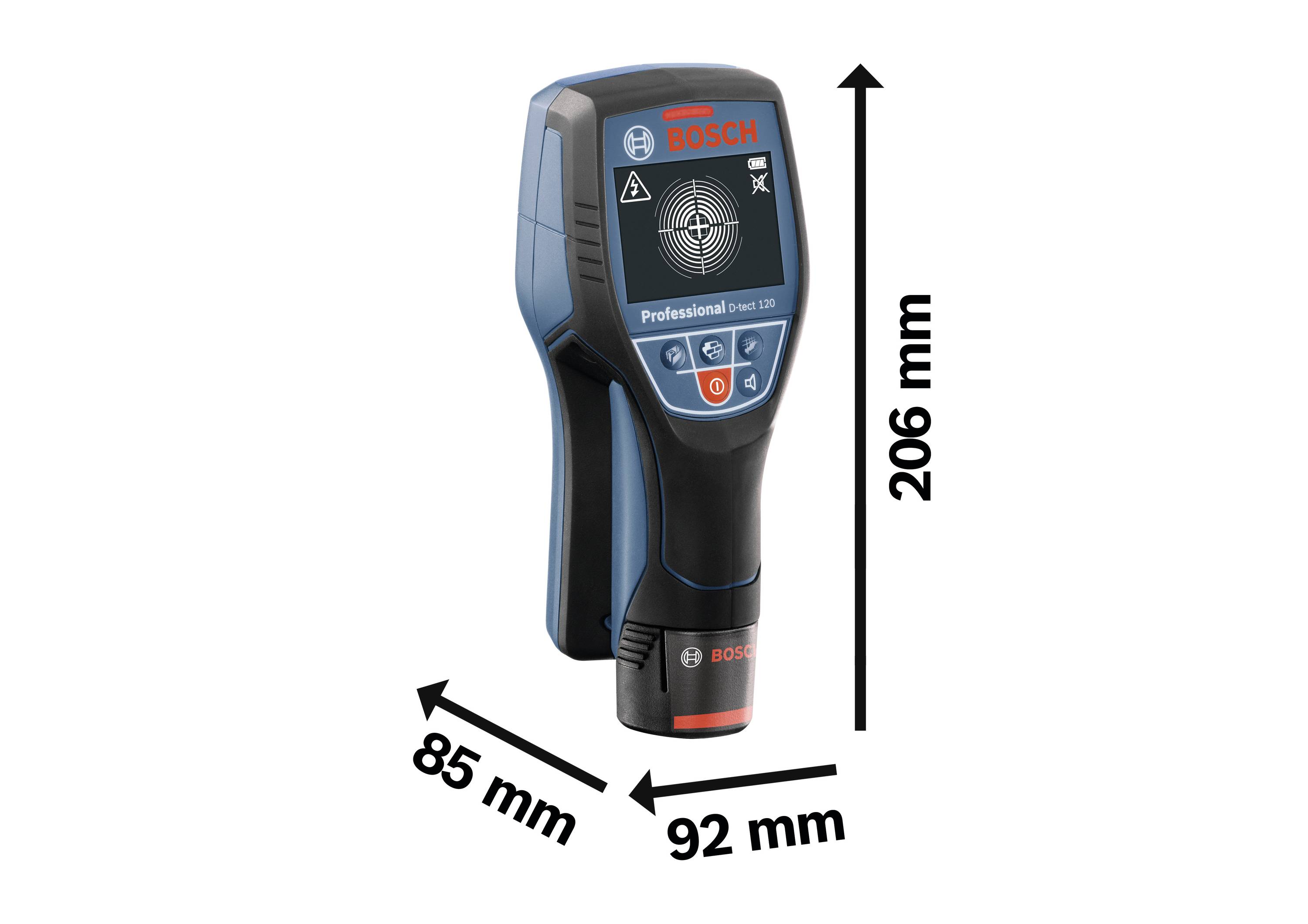Ein tragbares Bosch-Messgerät mit digitalem Display zum Aufspüren von Materialien. Es misst Breite: 85 mm, Tiefe: 92 mm, Höhe: 206 mm.
