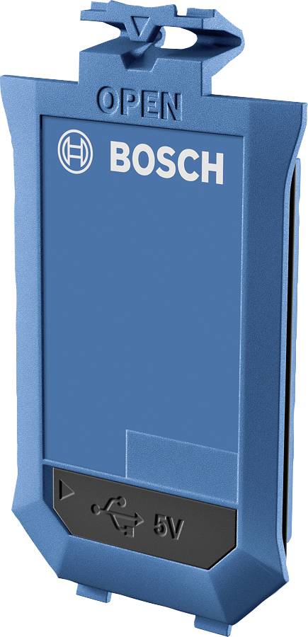 Blaues Bosch-Zubehörteil mit 'OPEN' Beschriftung oben und USB- und 5V-Symbol unten, vermutlich ein elektrisches Ladegerät.