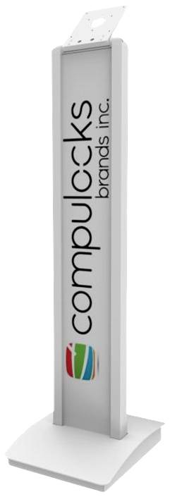 Weiße, aufrecht stehende Säule mit dem Logo und der Aufschrift 'compulocks brands inc.' in schwarzer Schrift. Oben ein Halterungselement.