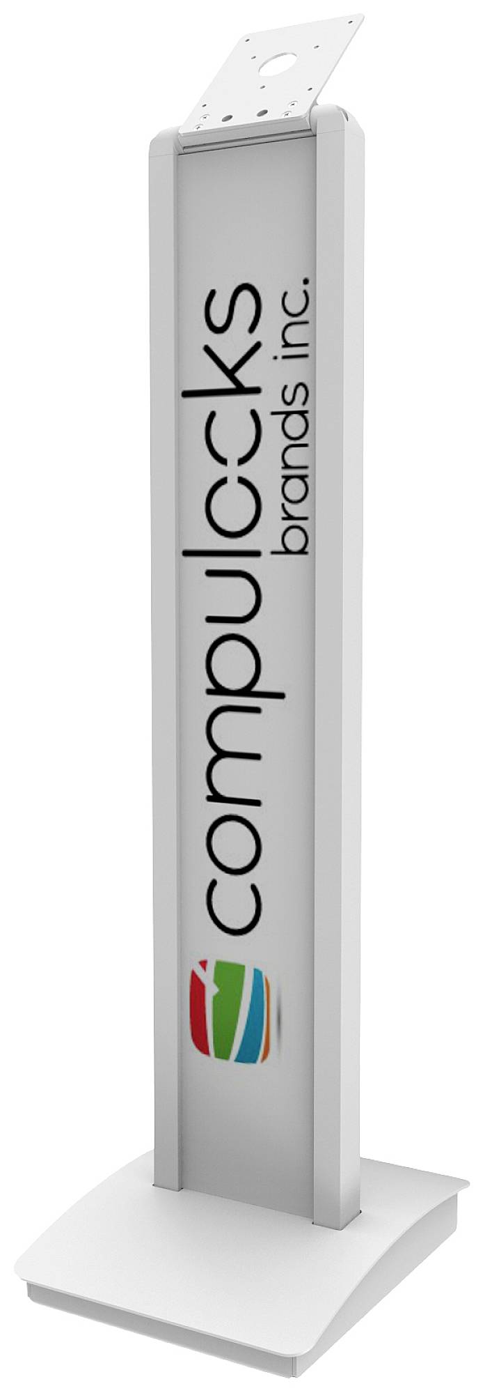 Ein weißer Ständer mit der Aufschrift 'Compulocks brands inc.' und einem bunten Logo darunter. Der Ständer hat eine rechteckige Basis.