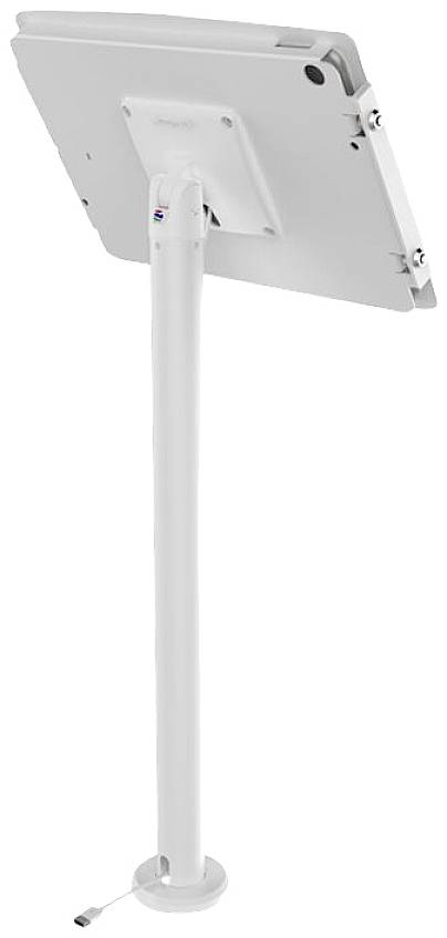 Ein weißer Tablet-Ständer mit einem langen, vertikalen Standfuß. Oben ist eine Halterung für ein Tablet. Kabel ragt aus der Basis.
