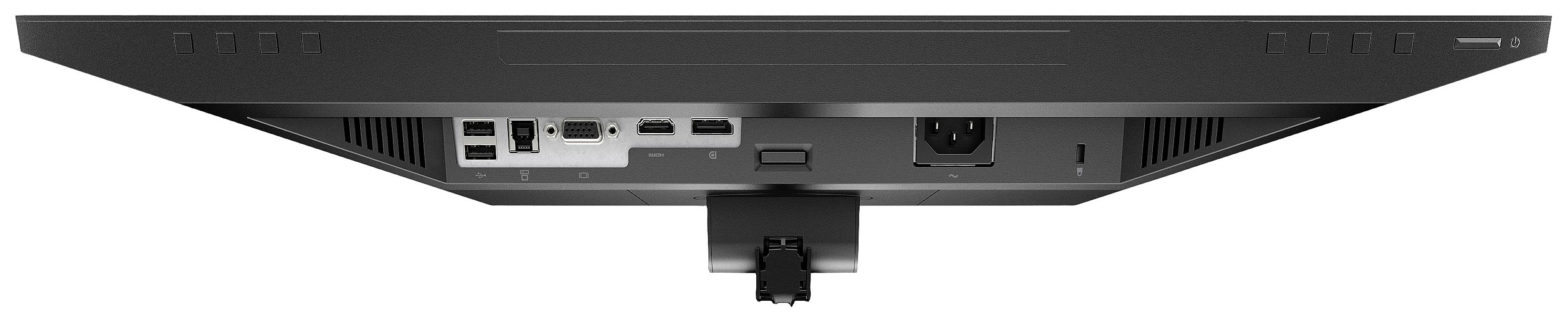 Rückseite eines schwarzen Monitors mit mehreren Anschlüssen, einschließlich HDMI, USB und Stromanschluss.