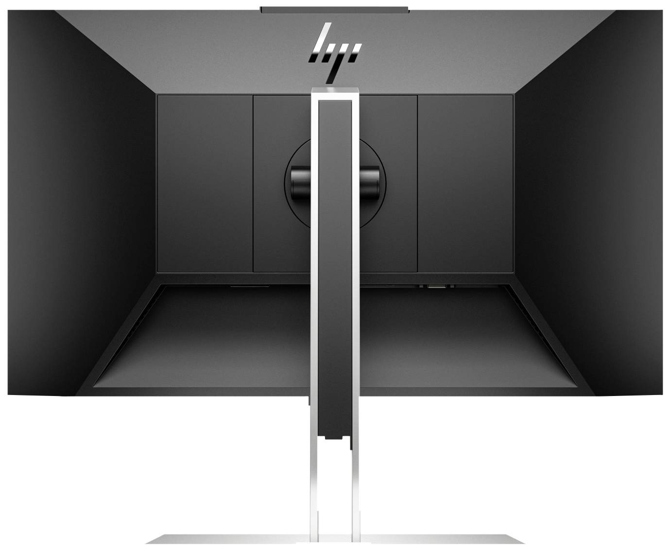 Rückansicht eines schwarzen Computerbildschirms mit einem metallischen Ständer, der solide und modern wirkt.