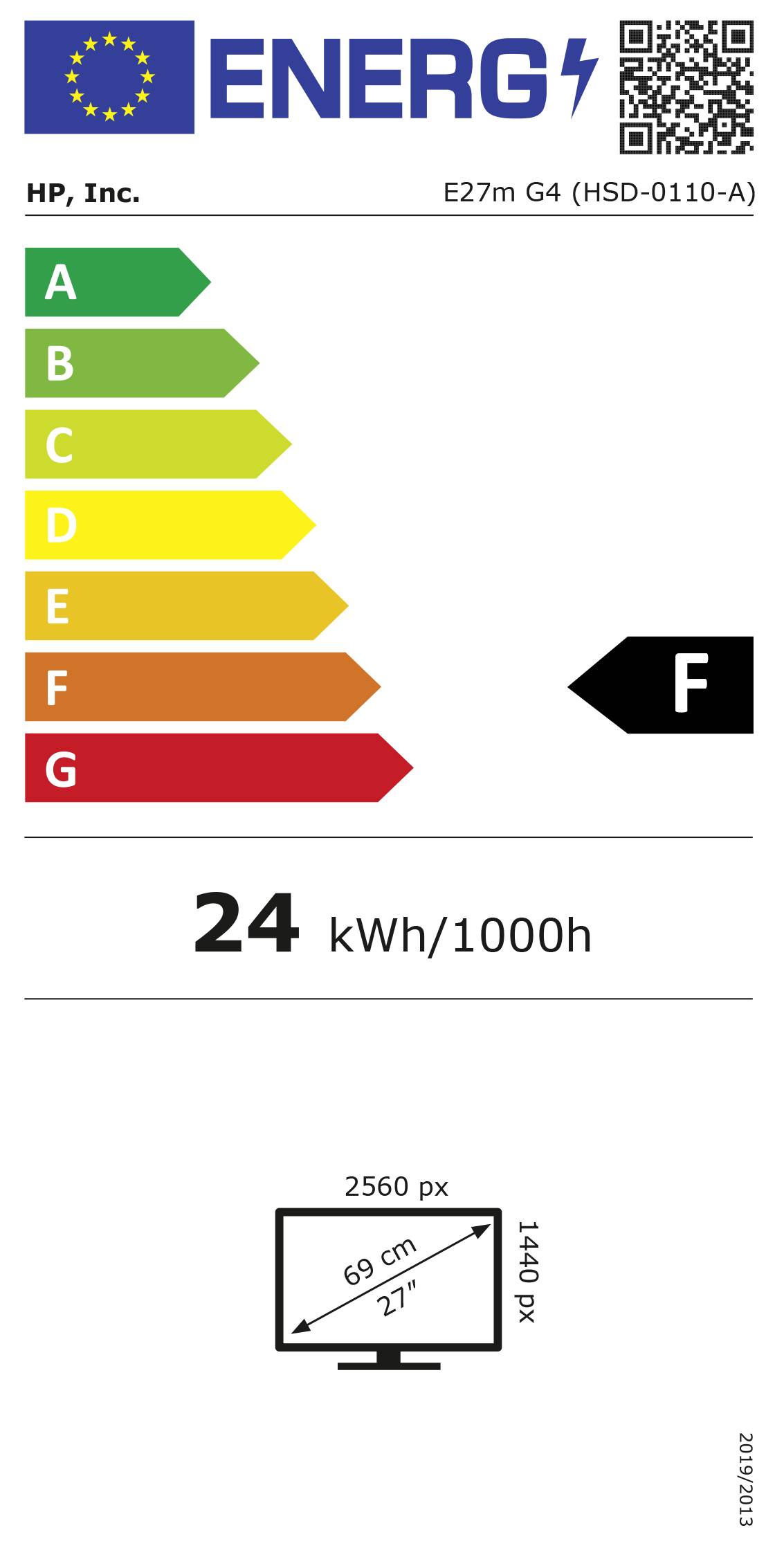 Energieetikett für einen Monitor der Marke HP. Effizienzklasse F, Energieverbrauch von 24 kWh/1000h, Bildschirmgröße 27 Zoll.