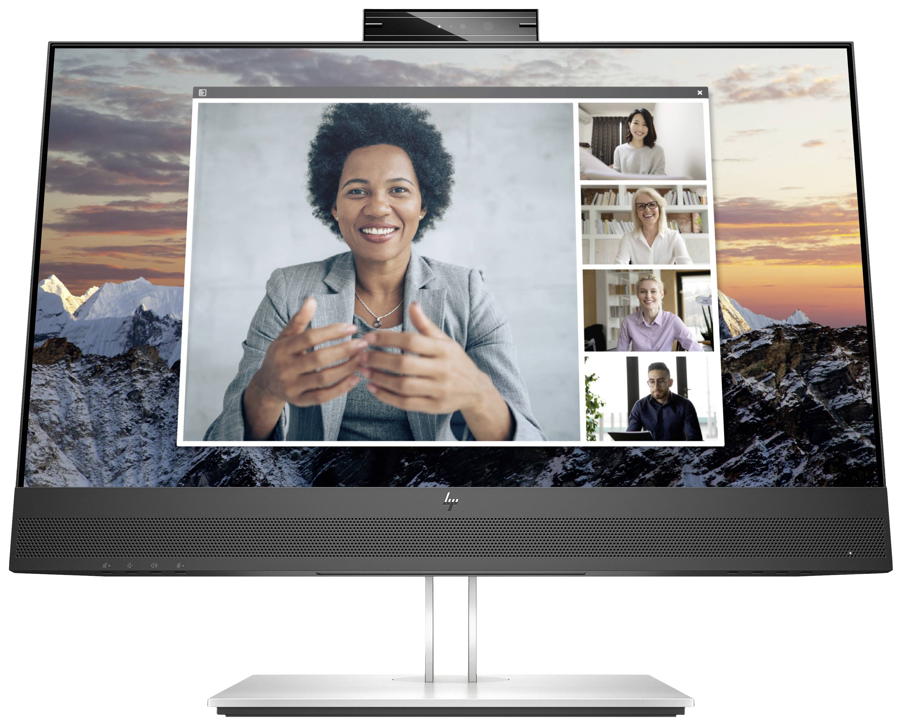 Fünf Personen in einem virtuellen Meeting auf einem Computerbildschirm. Eine größere Person im Zentrum spricht zu den anderen.
