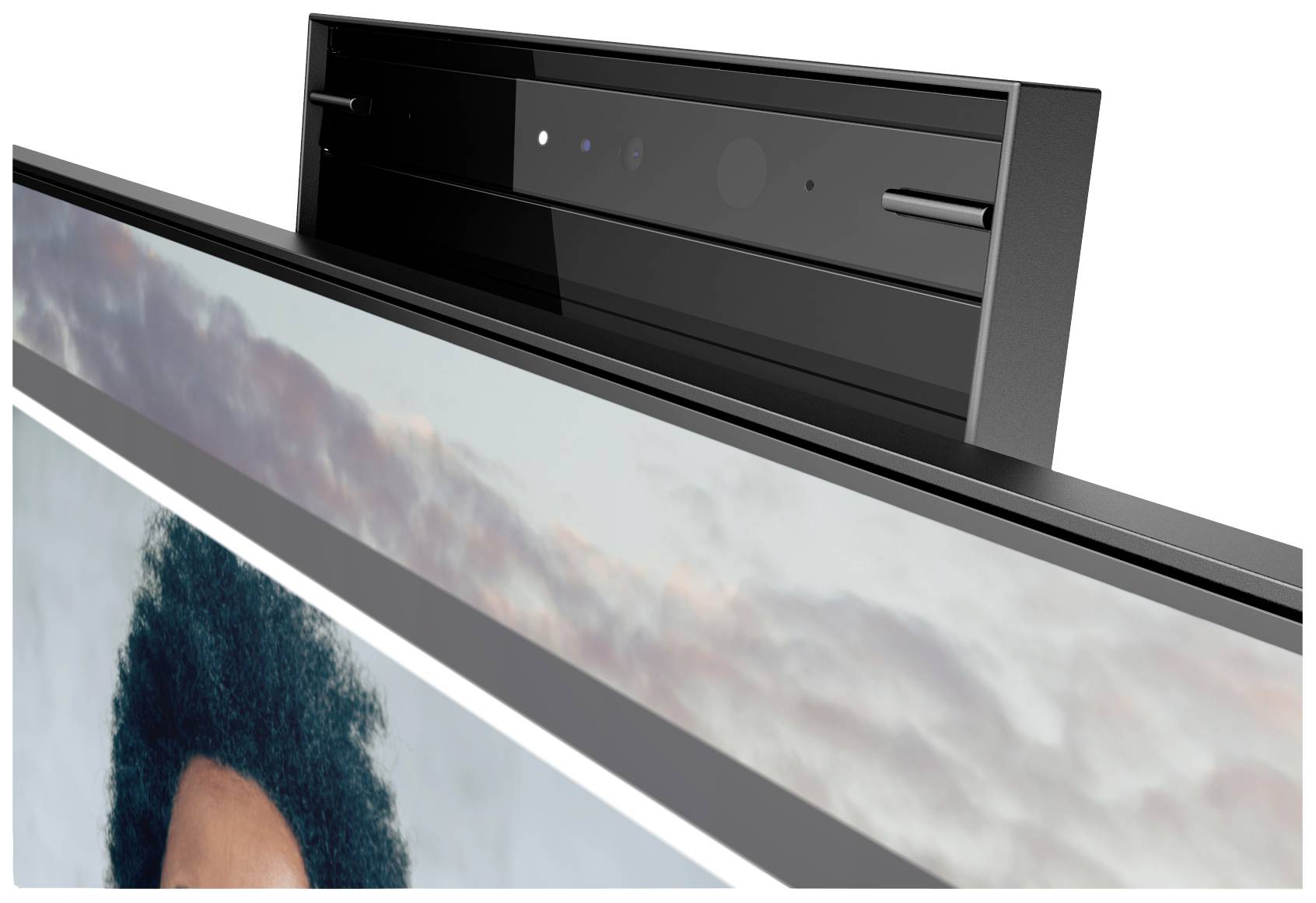 Ein Monitor mit integrierter Webcam oben; zeigt Teile des Bildschirms und der Linse.