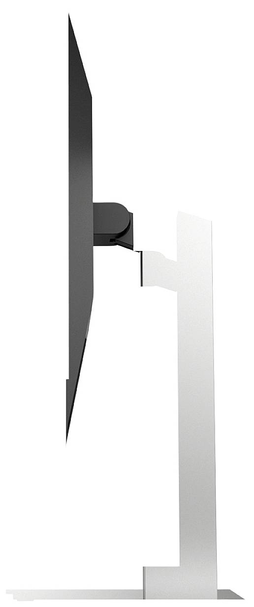 Seitenansicht eines Ultradünn-Bildschirms auf einem schlanken silbernen Standfuß.