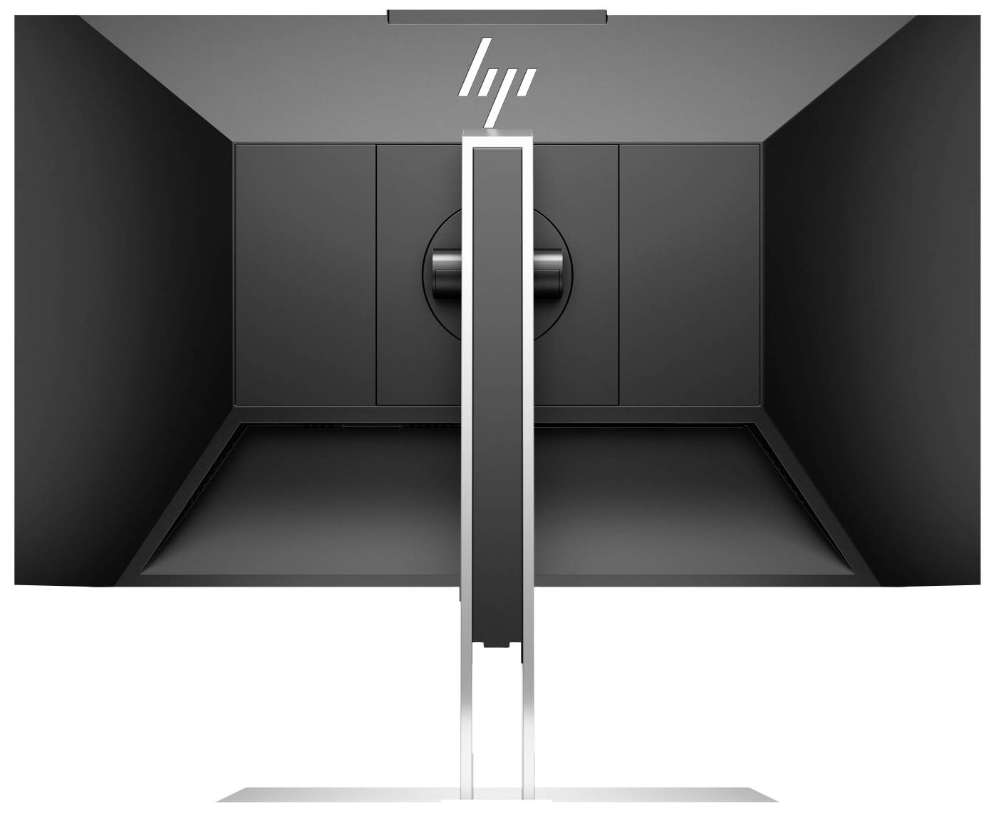 Rückansicht eines schwarzen Monitors mit verstellbarem Ständer, starkem Fokus auf das Design und die klare Linienführung des Gehäuses.