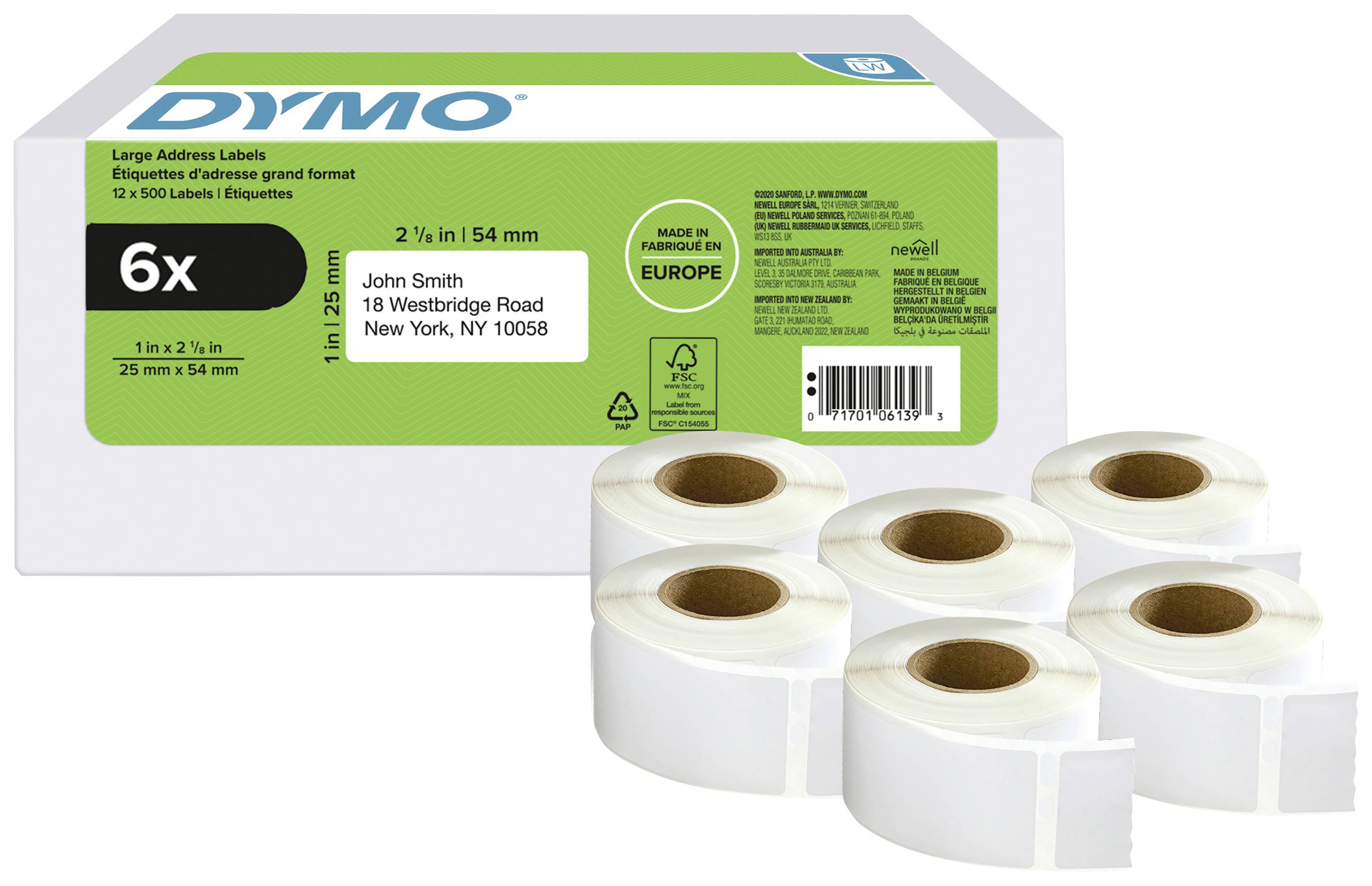 Sechs Rollen großer Adressetiketten von DYMO, 54 mm x 25 m, vor einer Verpackung. Textbeispiel: 