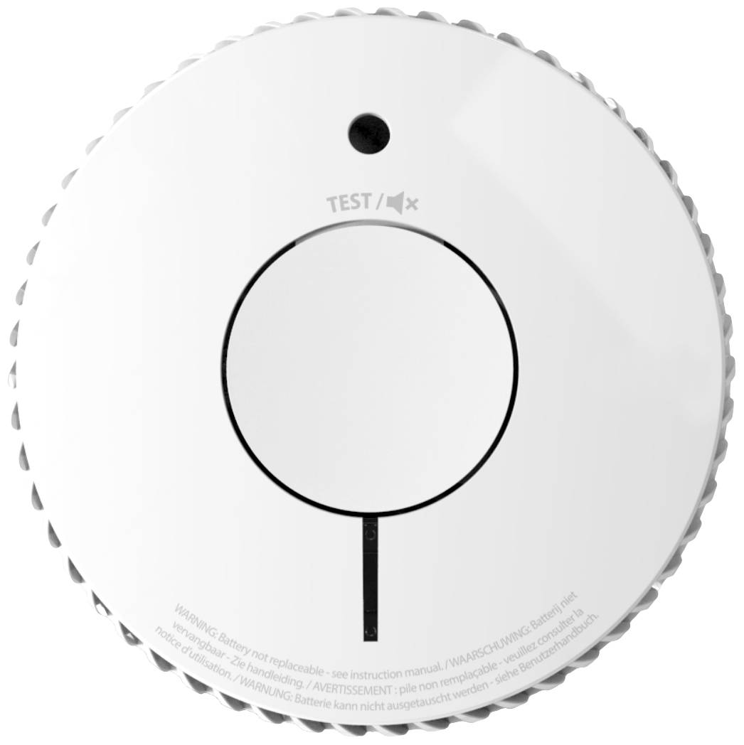 Ein runder Rauchmelder mit einem Test-/Stummschaltknopf in der Mitte. Oben befindet sich eine LED-Anzeige.