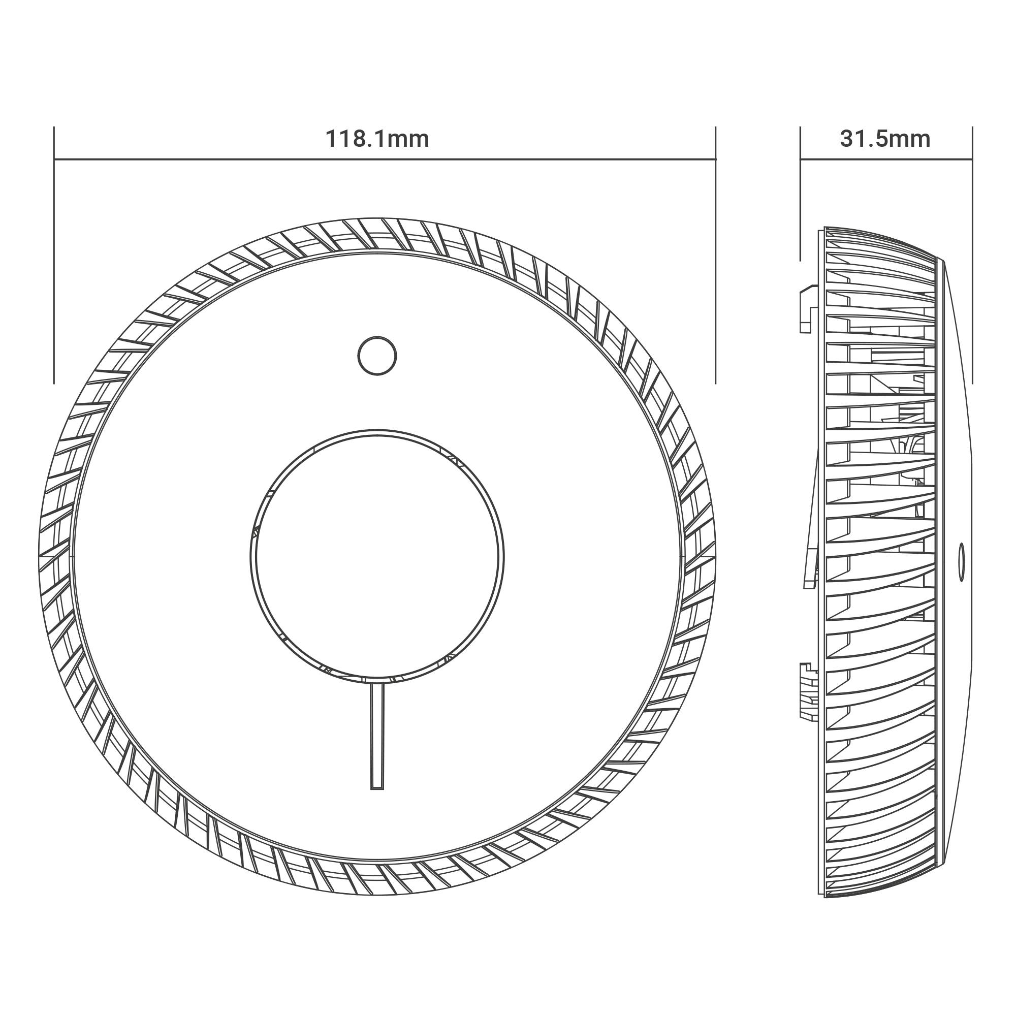 Das Bild zeigt eine technische Zeichnung eines runden Geräts mit einem Durchmesser von 118,1 mm und einer Tiefe von 31,5 mm.