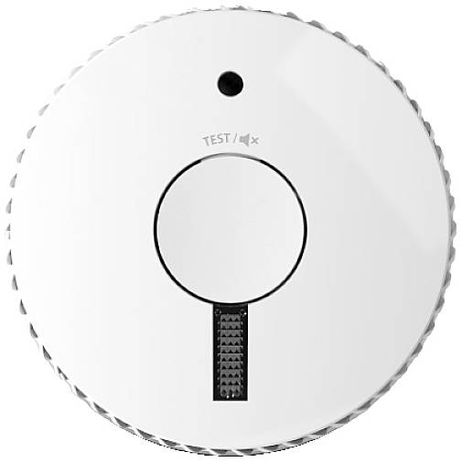 Runder Rauchmelder mit mittigem Testknopf und LED-Anzeige darüber. Gerät zur Erkennung von Rauch und Warnung vor Bränden.