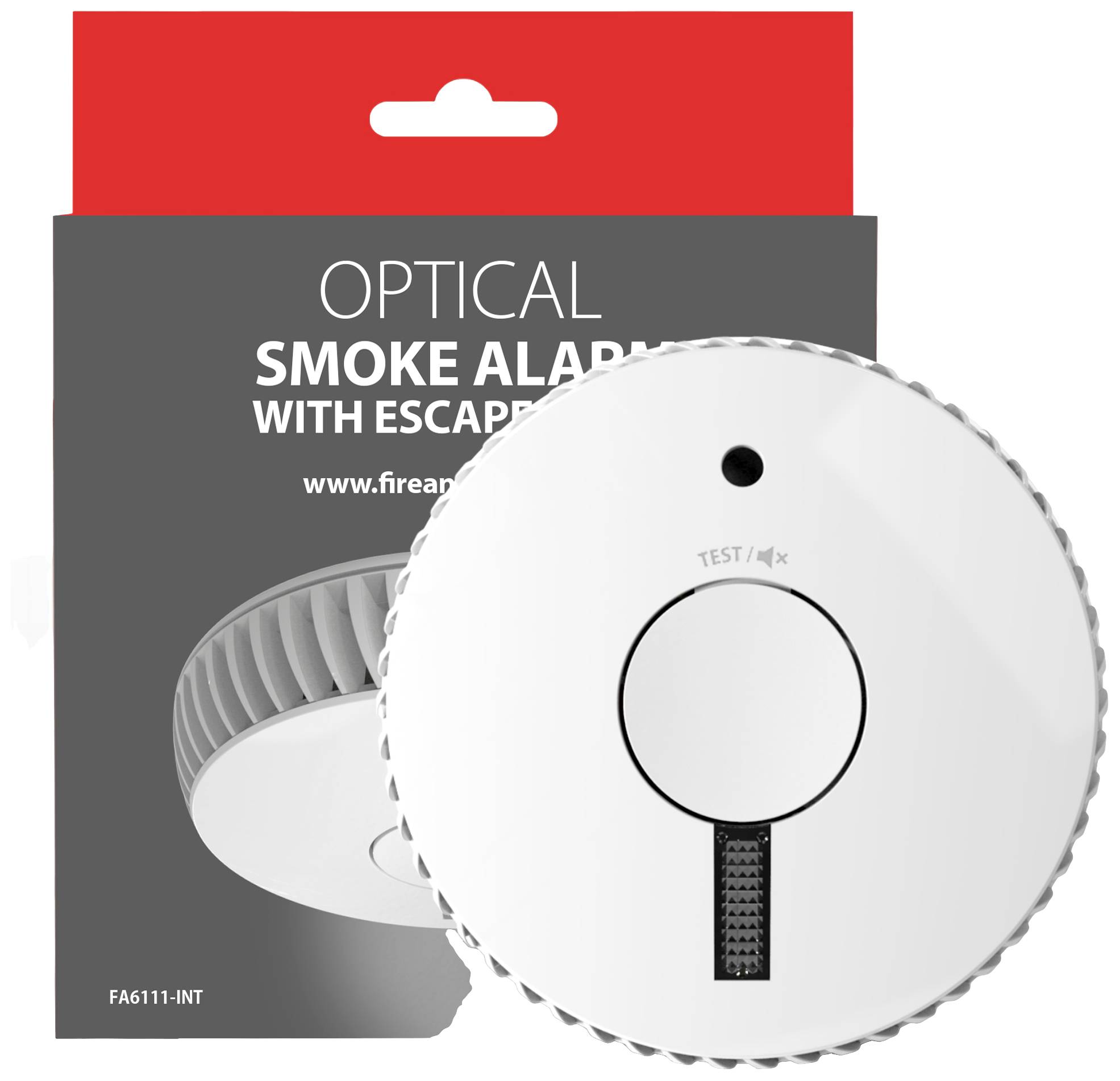 Optischer Rauchmelder neben seiner Verpackung, die den gleichen Hinweis enthält.