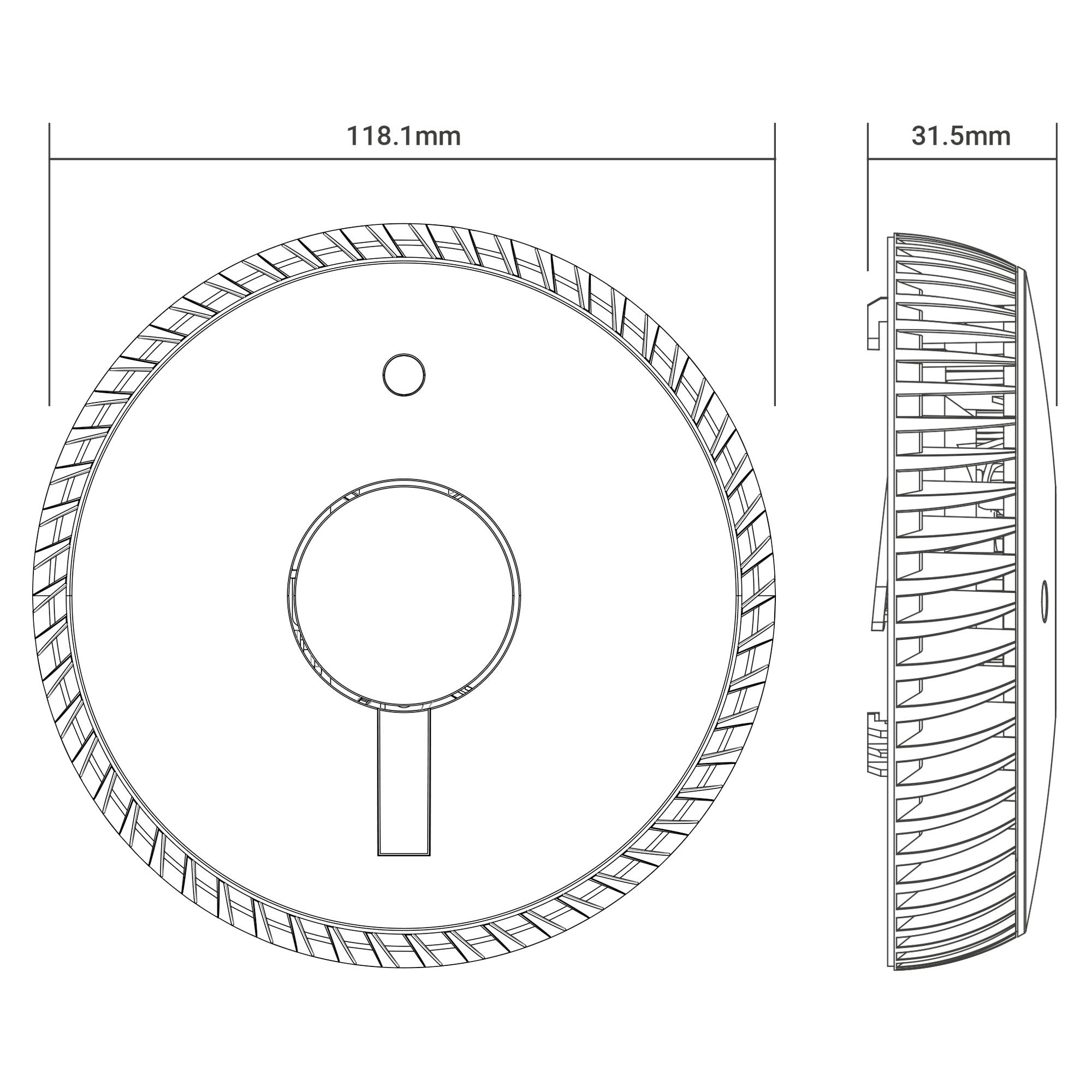 Technische Zeichnung eines runden Geräts mit einem zentralen Knopf und Maßen: Durchmesser 118,1 mm, Tiefe 31,5 mm. Seitenansicht zeigt Lüftungsschlitze.
