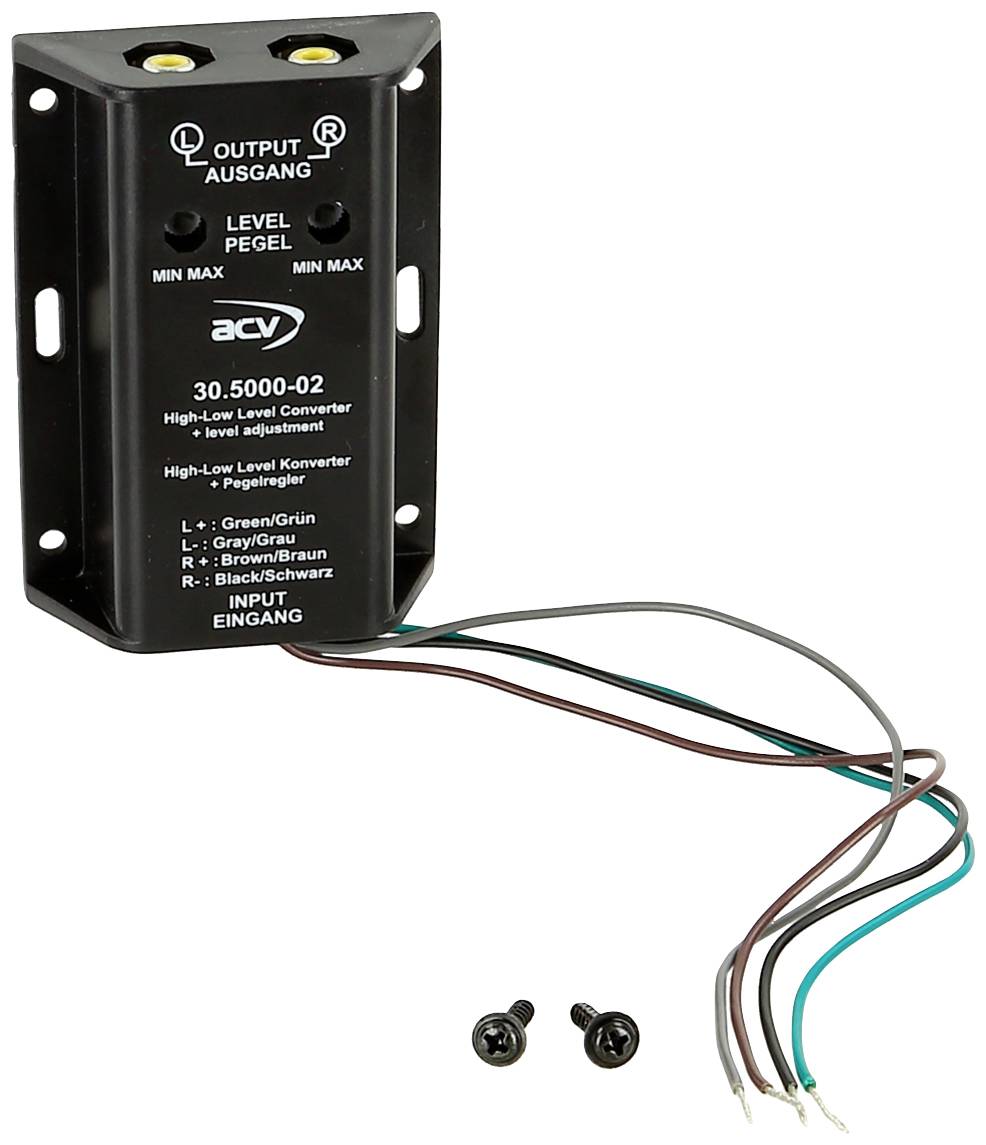 'High-Low Level Converter' von acv, Modellnummer 30.5000-02, mit Ein- und Ausgängen für Audio-Kabel. Zwei Schrauben inklusive.