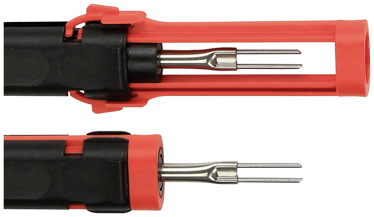 Zwei rote und schwarze Prüfspitzen, eine im Gehäuse verstaut, die andere freigelegt, zeigen die Spitzen der Metallsonden.