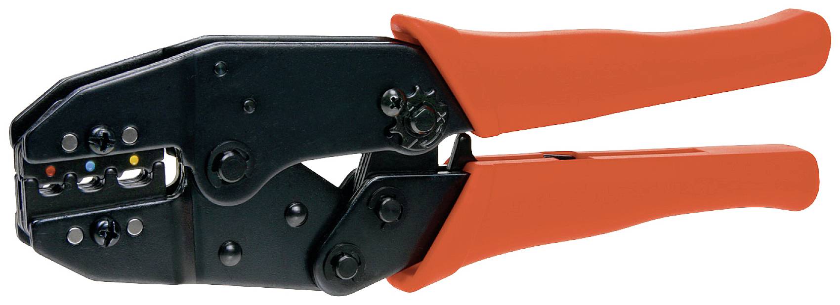 Eine schwarze Crimpzange mit orangefarbenen Griffen, verwendet zum Sichern von Kabelverbindungen.