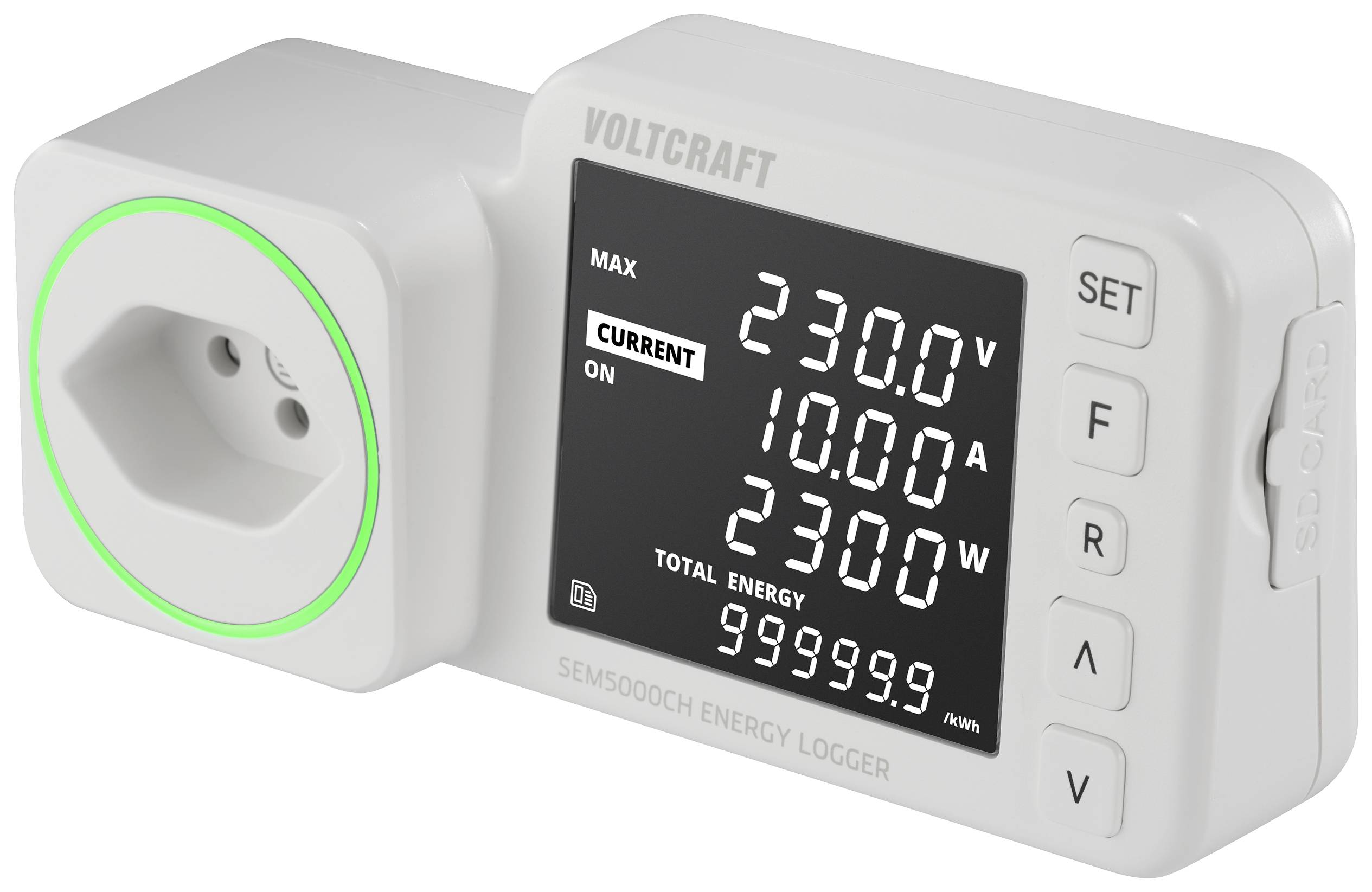 Ein Energieverbrauchsmessgerät zeigt 230V, 10A und 2300W an. Weitere Tasten sind für Einstellungen und aktuelle Messungen vorhanden.