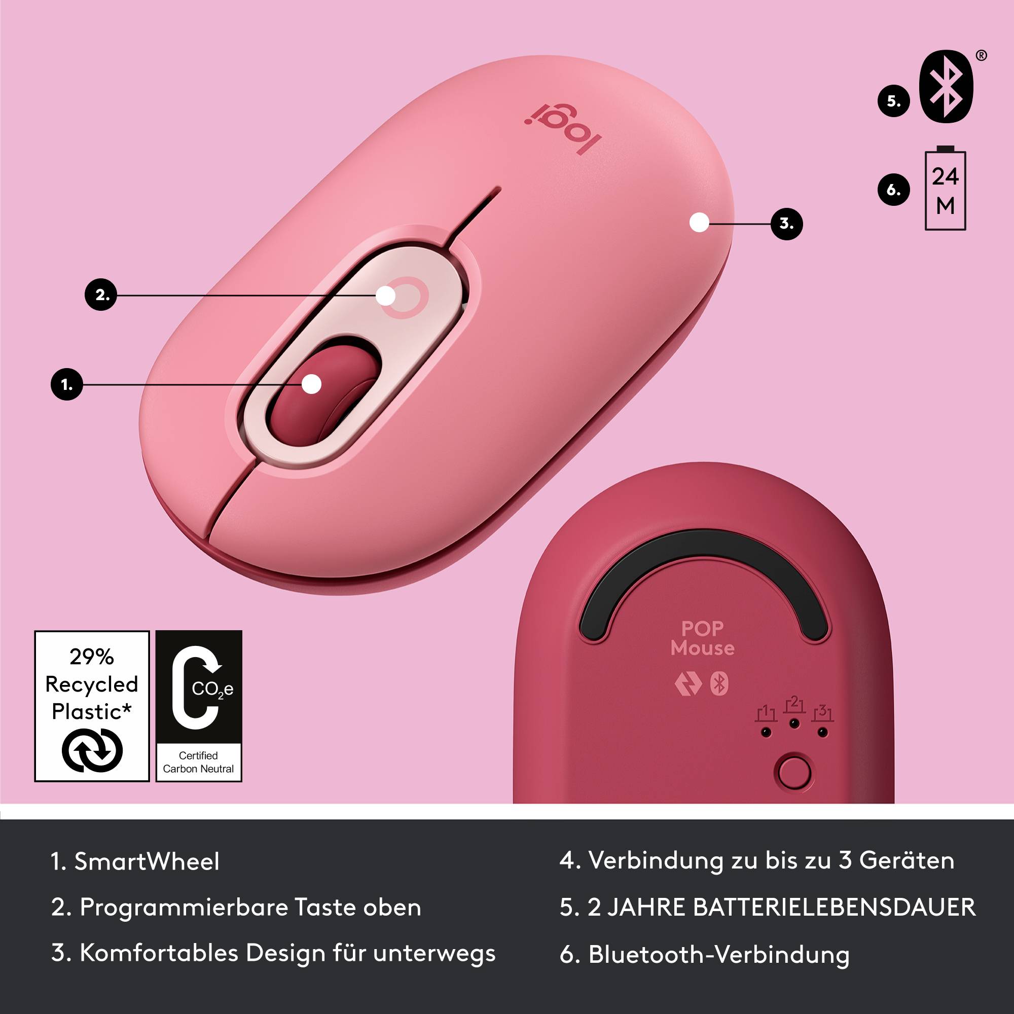 Logitech POP Maus Bluetooth® Optisch Himbeerrot, Korallenrot 4 Tasten 4000 dpi Easy Switch 3 Geräte, Geräuscharme Tasten, Integriertes Scrollrad