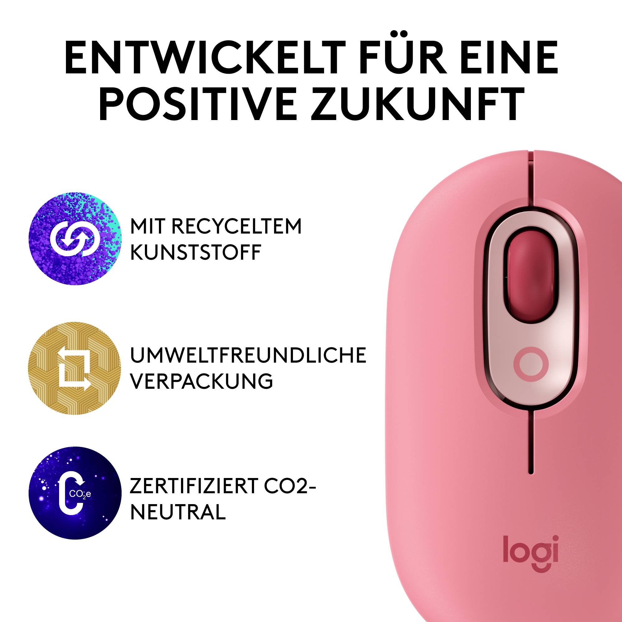 Logitech POP Maus Bluetooth® Optisch Himbeerrot, Korallenrot 4 Tasten 4000 dpi Easy Switch 3 Geräte, Geräuscharme Tasten, Integriertes Scrollrad