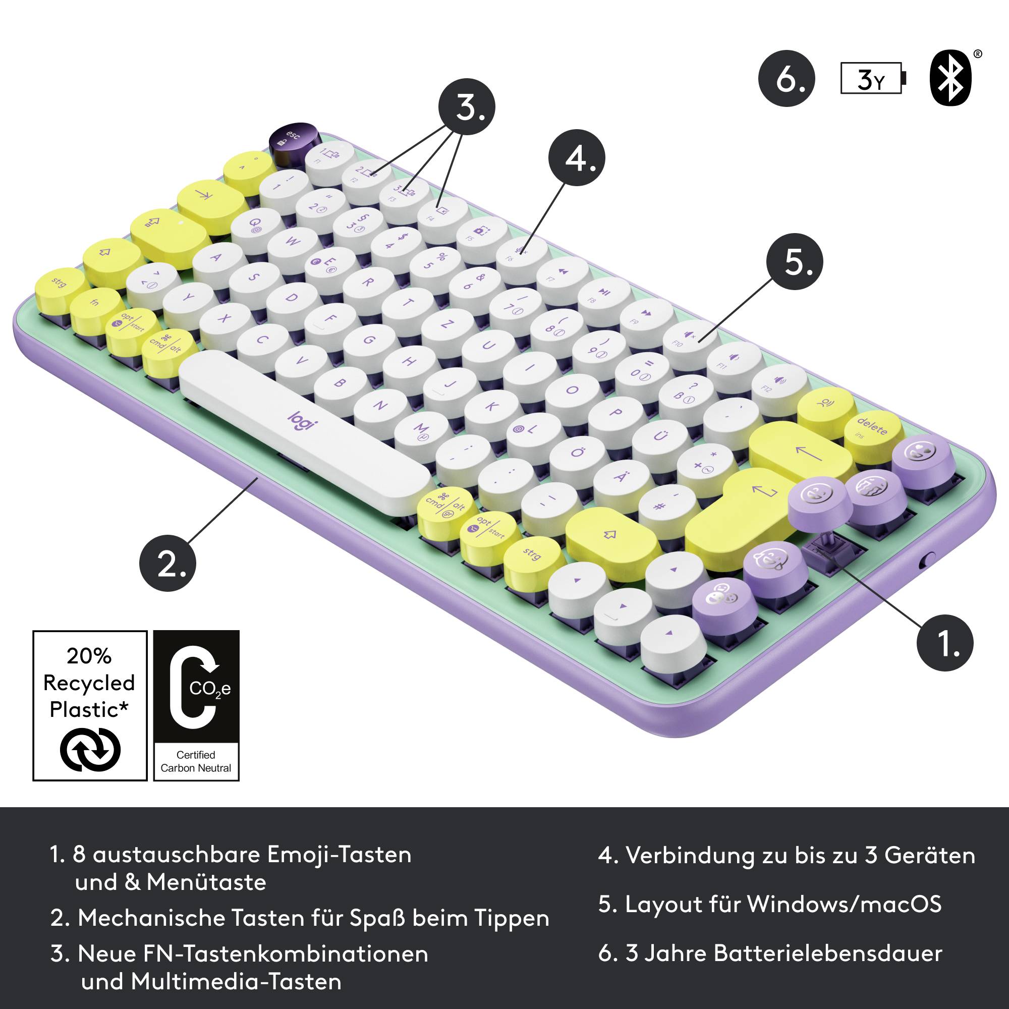 Logitech POP Bluetooth® Tastatur Deutsch, QWERTZ Violett, Minze, Gelb Easy Switch 3 Geräte, Multimediatasten, Multipair-Funktion