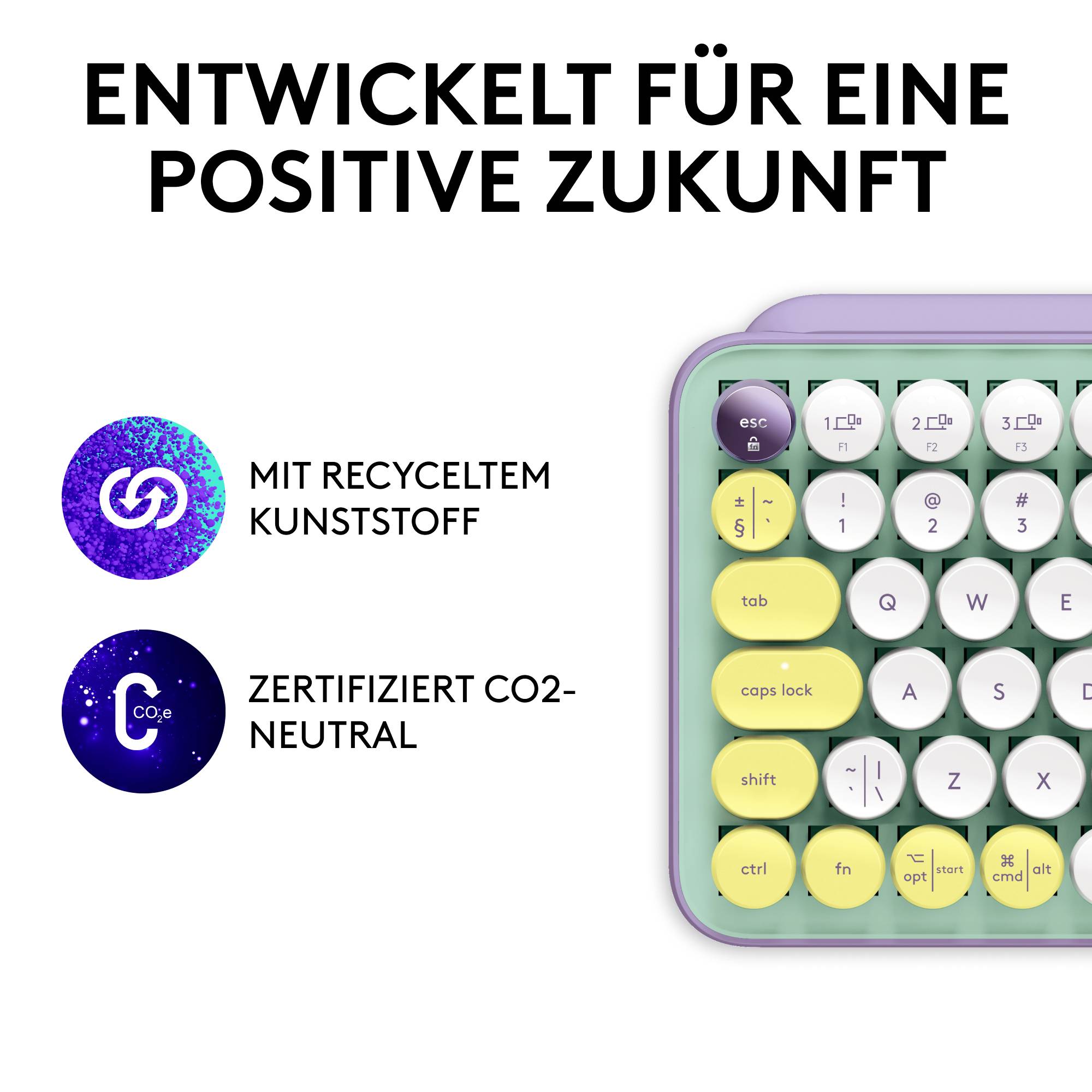 Logitech POP Bluetooth® Tastatur Deutsch, QWERTZ Violett, Minze, Gelb Easy Switch 3 Geräte, Multimediatasten, Multipair-Funktion