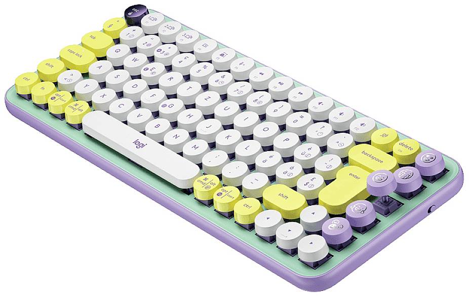 Logitech POP Bluetooth® Tastatur Deutsch, QWERTZ Violett, Minze, Gelb Easy Switch 3 Geräte, Multimediatasten, Multipair-Funktion