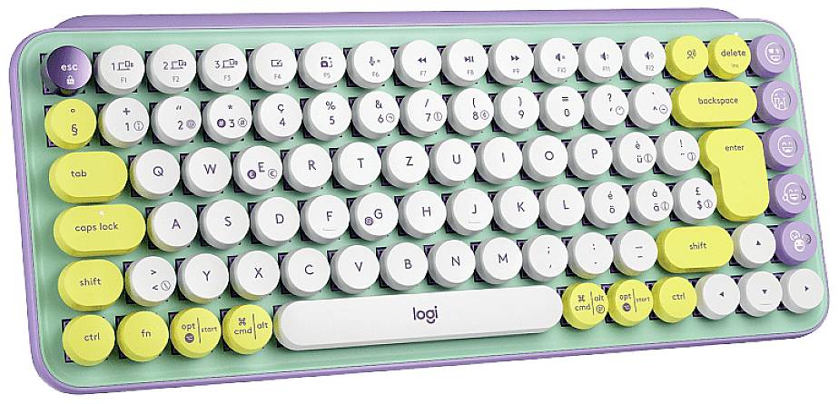 Logitech POP Bluetooth® Tastatur Deutsch, QWERTZ Violett, Minze, Gelb Easy Switch 3 Geräte, Multimediatasten, Multipair-Funktion