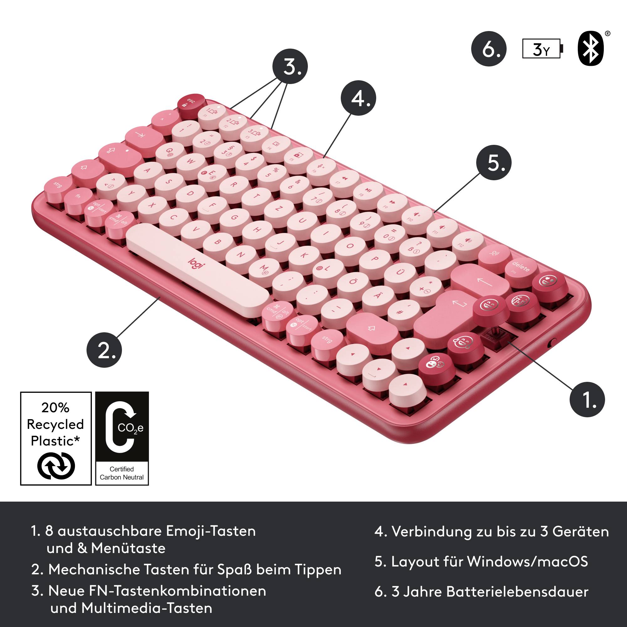 Logitech POP Bluetooth® Tastatur Deutsch, QWERTZ Himbeerrot, Korallenrot Easy Switch 3 Geräte, Multimediatasten, Multipair-Funktion
