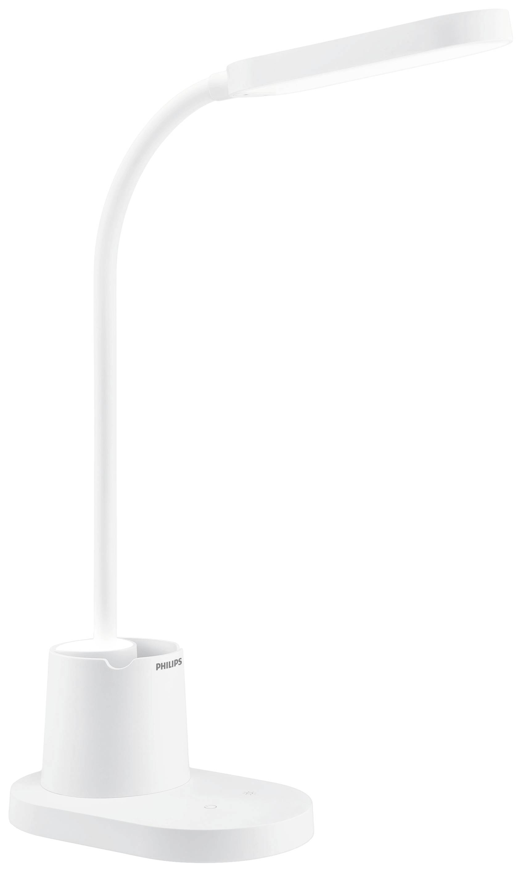 Weiße, moderne Tischlampe mit gebogenem Arm und flachem Leuchtkopf. Geeignet für Schreibtische oder Nachttische zur Beleuchtung.