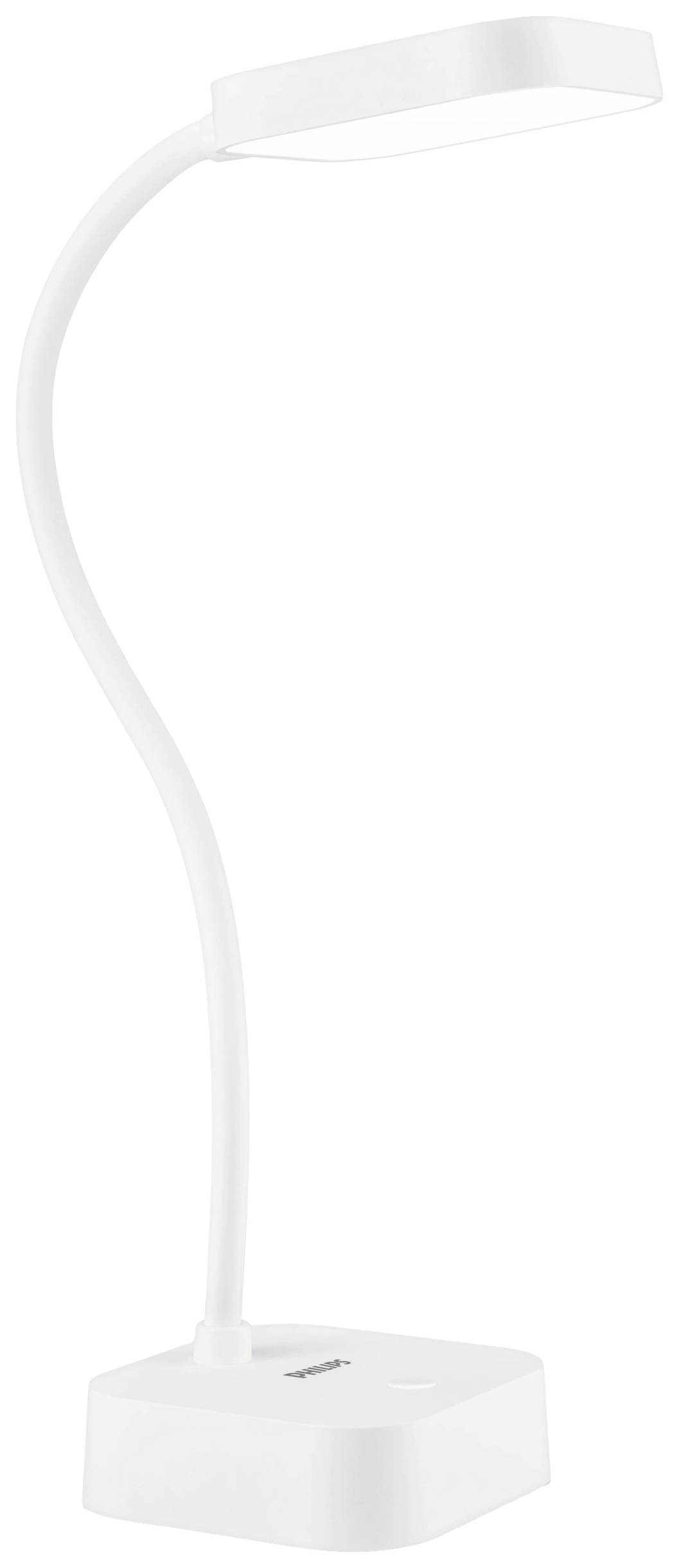 Weiße Schreibtischlampe mit flexiblem Hals und rechteckigem Lampenschirm auf quadratischer Basis. Ideal für Büros oder Arbeitsbereiche.