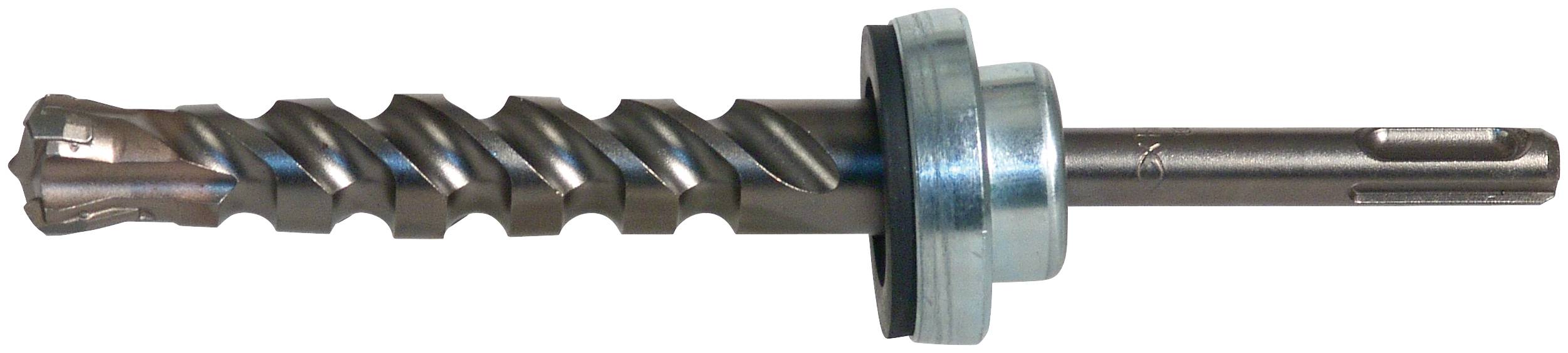 Ein Metallschneckenbohrer mit einem langen spiralförmigen Schneidbereich, blauem Kragen und glatttem Schaft auf weißem Hintergrund.
