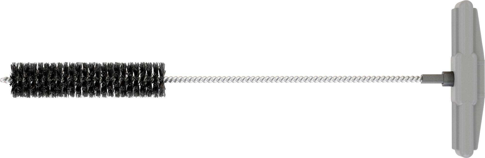 Eine lange Spiraldrahtbürste mit schwarzen Borsten und grauem Griff, horizontal auf weißem Hintergrund gezeigt.