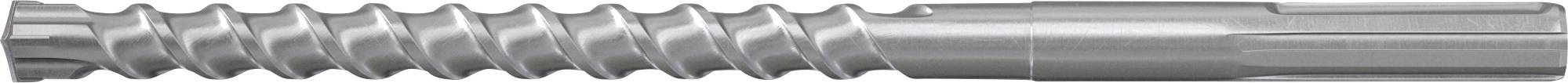 Ein Metallbohrer mit spiralförmig gefurchter Spitze und langem zylindrischem Schaft, horizontal auf weißem Hintergrund dargestellt.