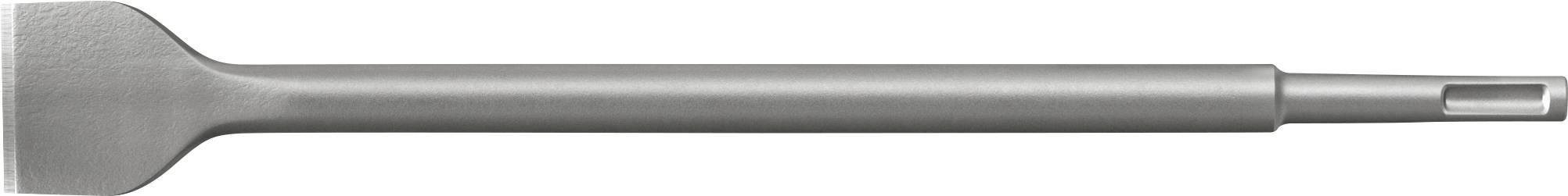 Metallspachtel-Werkzeug mit einer flachen, rechteckigen Klinge auf der linken Seite und einem langen Griff, der auf der rechten Seite in einer hohlen Spitze endet.